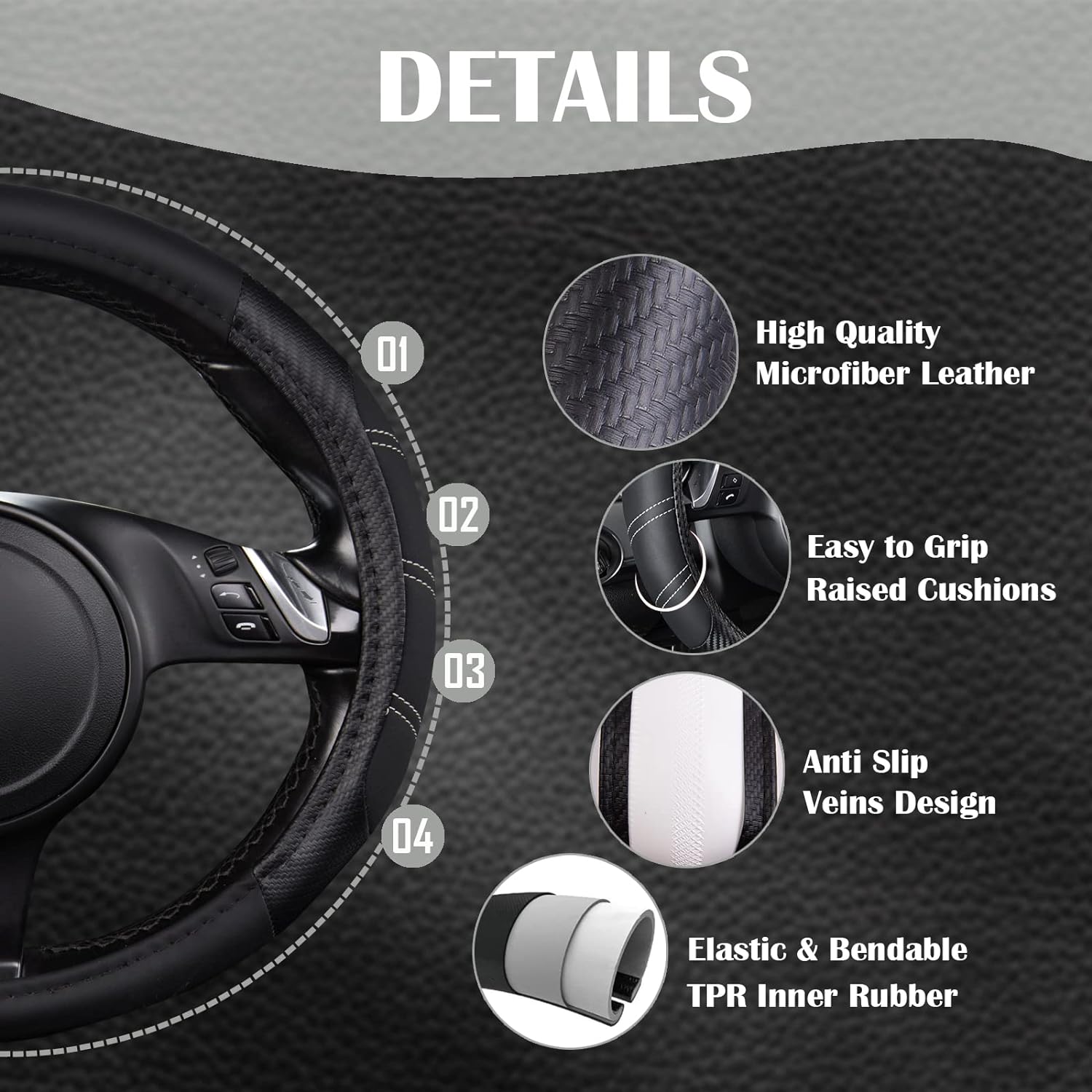 CAR PASS Luxurous PU Leather Automotive Universal Seat Covers Set, Line Rider Microfiber Leather Sporty Steering Wheel Cover Universal Fits for 95% Truck,SUV,Cars, Anti-Slip (Black)