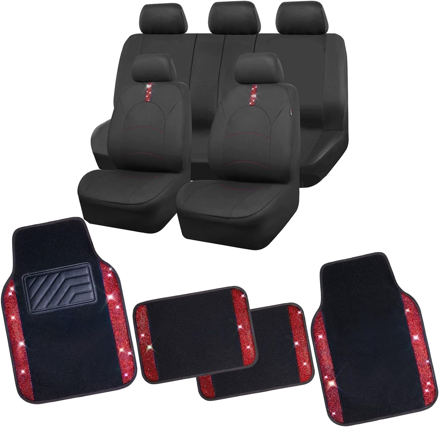 CAR PASS Universal Fit Pretty Shining Rhinestones Carpet Full Set 4PCS Car Floor Mats with Car Seat Covers,Fit for Women Girls Suvs,Sedans,Cars,Vans(Black and Red)