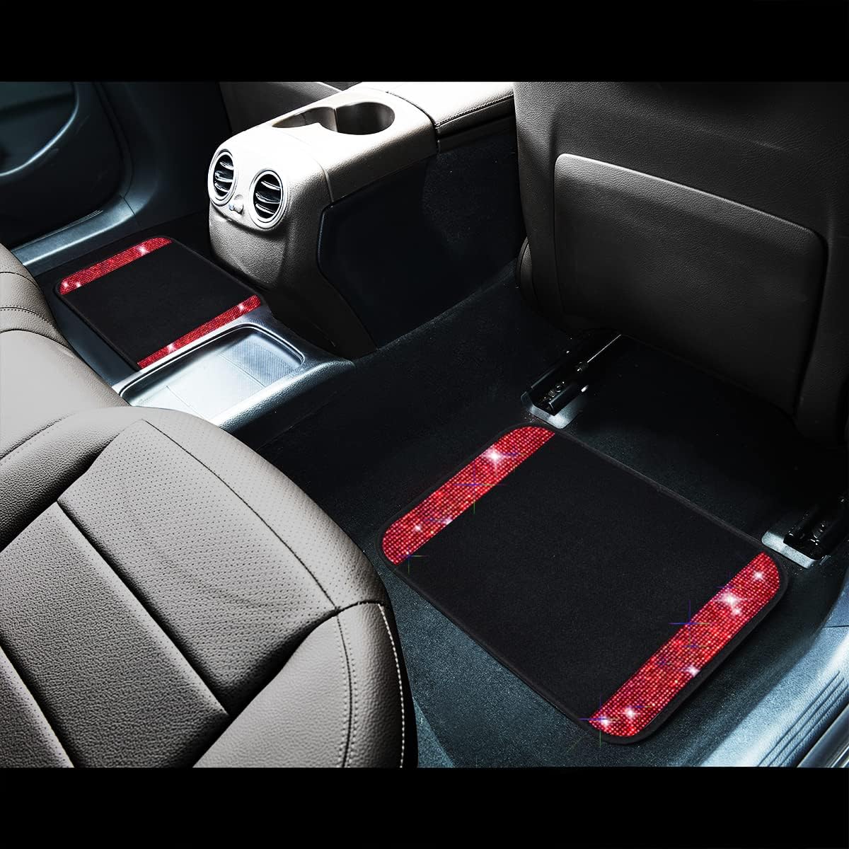 CAR PASS Universal Fit Pretty Shining Rhinestones Carpet Full Set 4PCS Car Floor Mats with Car Seat Covers,Fit for Women Girls Suvs,Sedans,Cars,Vans(Black and Red)