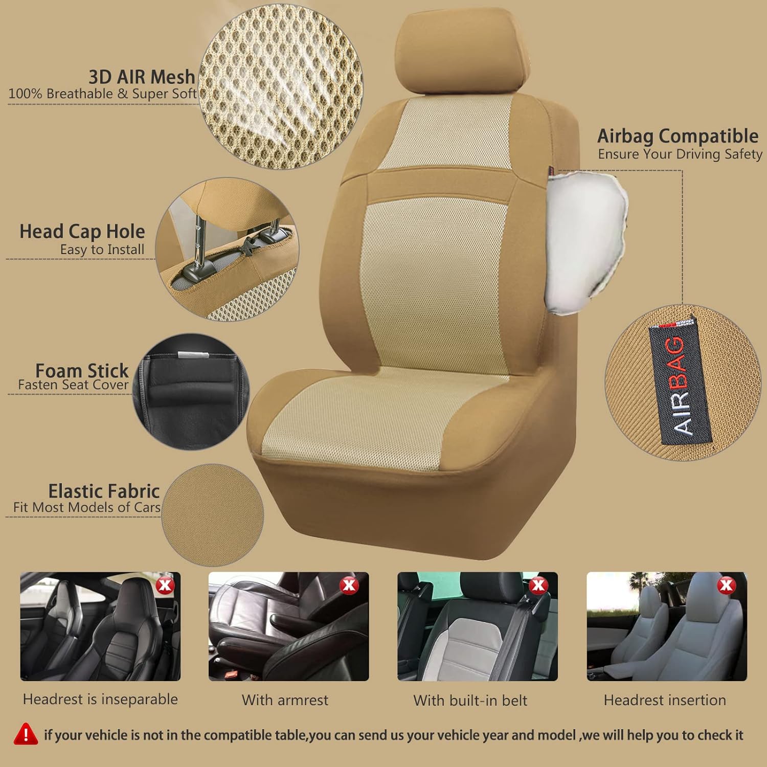 CAR PASS Seat Cover Full Sets and car mats, 3D Air Mesh Car Seat, 3D Air Mesh Car Seat Cover with 5mm Composite Sponge Inside,Airbag Compatible Universal Fit for SUV,Vans,sedans, Trucks, (Pure Beige)