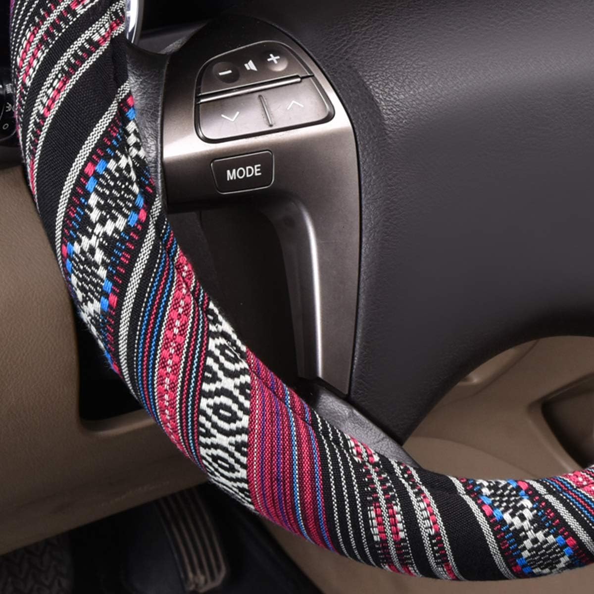 CAR PASS Flax Cloth Pretty Ethnic Style Universal Fit Steering Wheel Cover, Fit for Suvs,Sedans,Cars,Trucks (Black and White)
