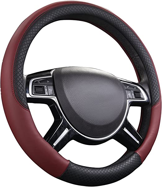 Rainbow Steering Wheel Cover with PVC Leather Universal Fits for Truck,SUV,Cars-Sporty Rhombus Embossing / Black Burgundy