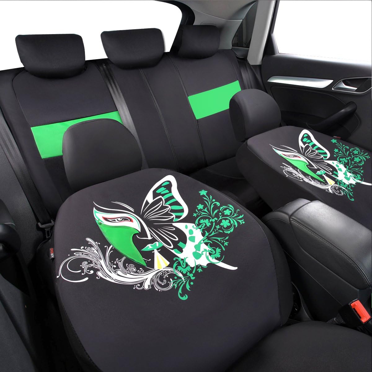 CAR PASS Green Leather & Gaberdine Butterfly Inspiration Car Seat Covers, Universal Car Seat Covers Full Set with Airbag Compatiable, Fit for Vehicles,Cars,Suvs,Vans(Black and Green)