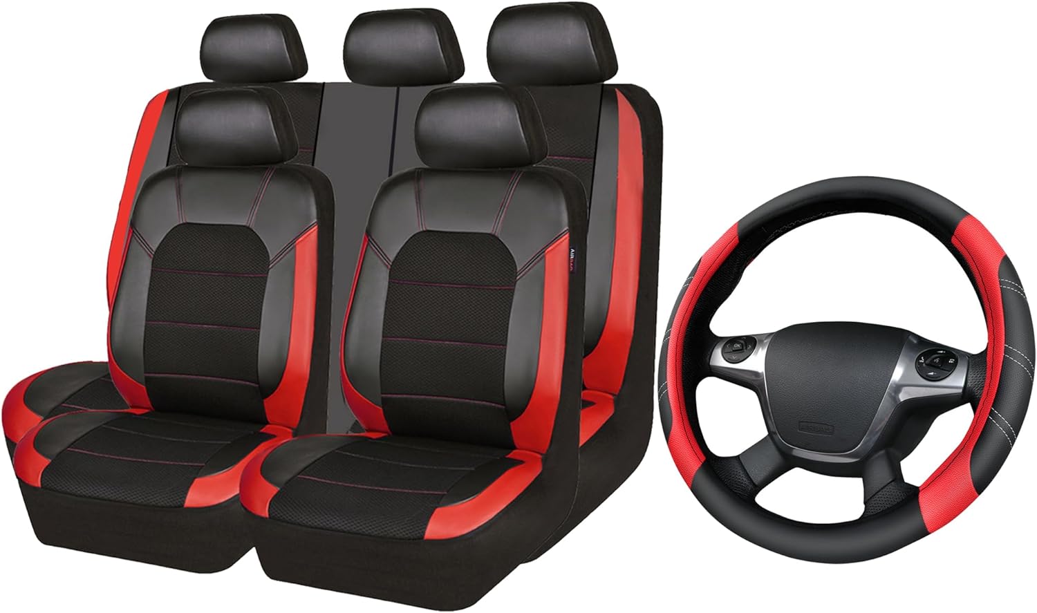 CAR PASS Universal Leather car seat Covers, Line Rider Microfiber Leather Sporty Steering Wheel Cover 14.5-15inch Universal Fits for 95% Truck,SUV,Cars (Black and Red)