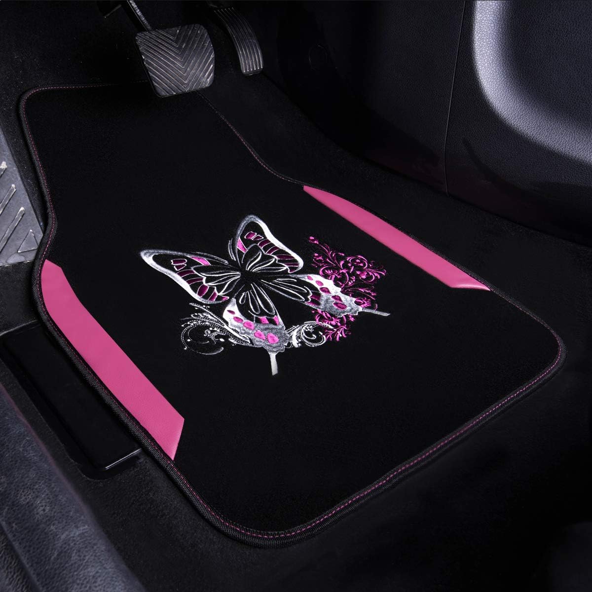 CAR PASS Universal Pink Car Seat Covers and Car Floor Mats Sets with Butterfly, for Women Cute Girls, Fit for Sedans,Cars,Vans