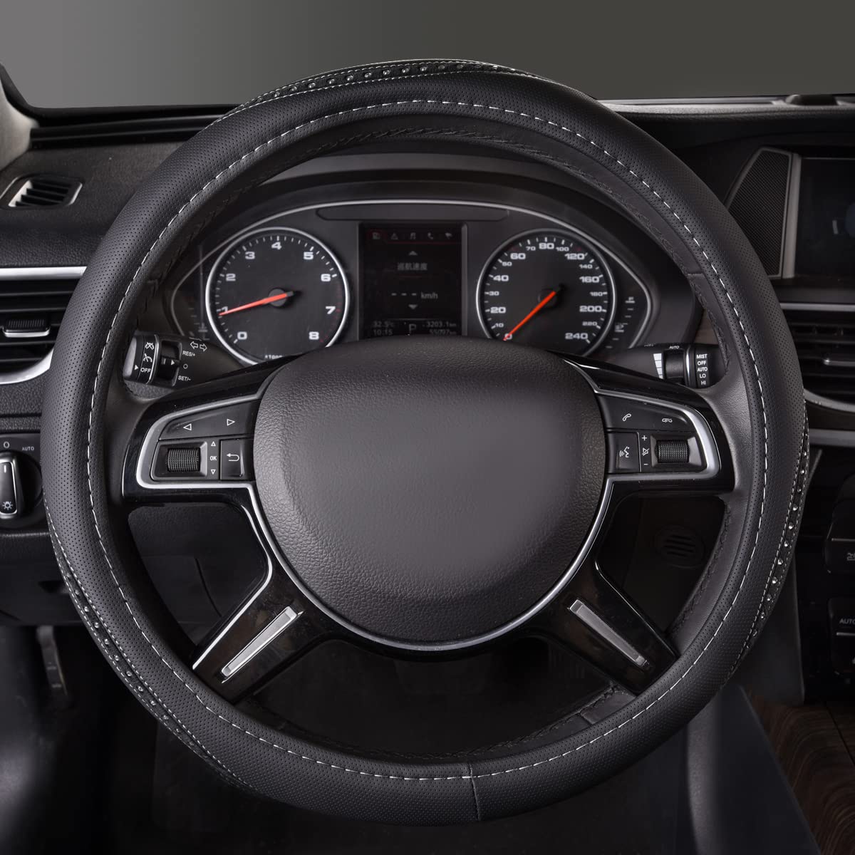 Pretty Rhinestone Leather Universal Steering Wheel Cover,Fit for Car, Suvs,Sedans,Truck-silver