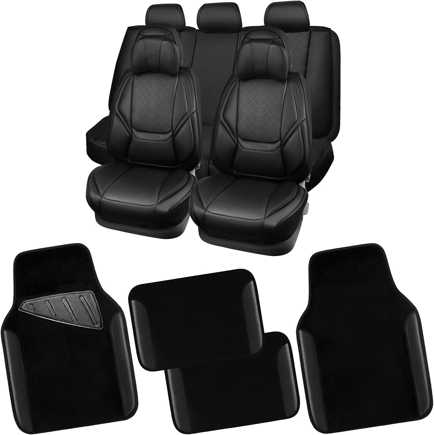 CAR PASS Nappa Leather Car Seat Covers Full Set & Car Mats, 5 Seats Universal Seat Covers for Cars, Waterproof Luxury Lumbar Support Front and Rear Seat Cover for Sedan SUV Pick-up Truck (Black)