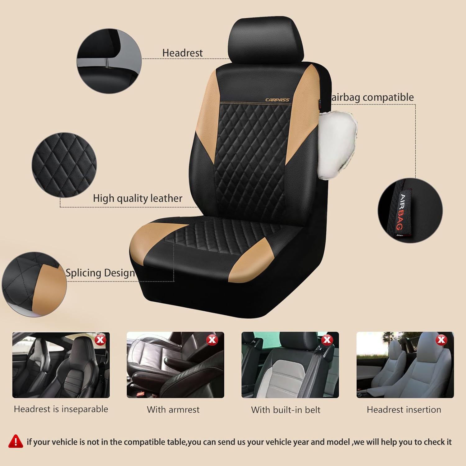 CAR PASS Wood Grain Microfiber Leather Steering Wheel Cover and Seat Cover Two Front Seats Only,Universal Fit for 14 1/2-15 inch Steering Wheel,Beige