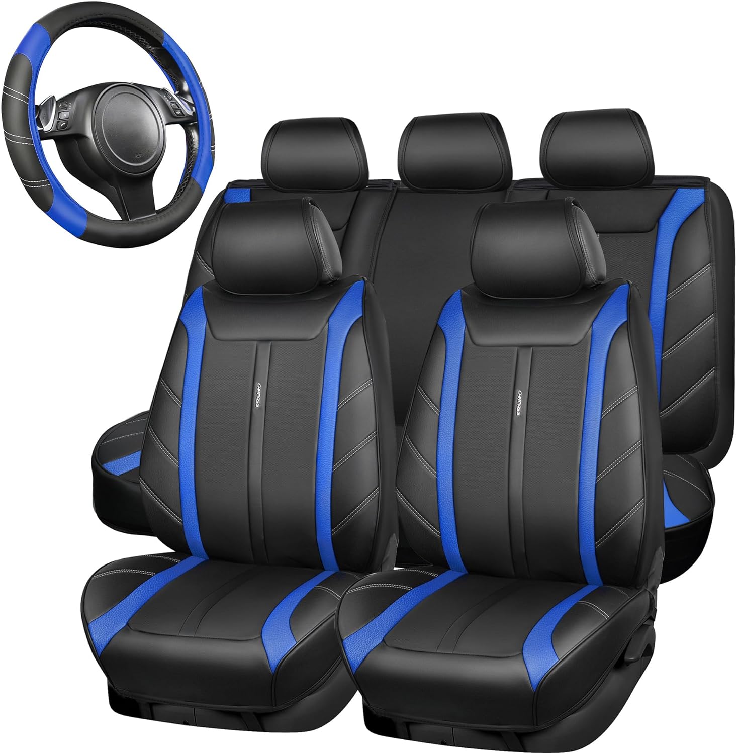 CAR PASS Line Rider Microfiber Leather Sporty 14.5-15inch Steering Wheel Cover and 5 Seats Luxury Leather Seat Covers Full Set Fit for Most Vehicle Sedan Van SUV Cars(Black-Blue)