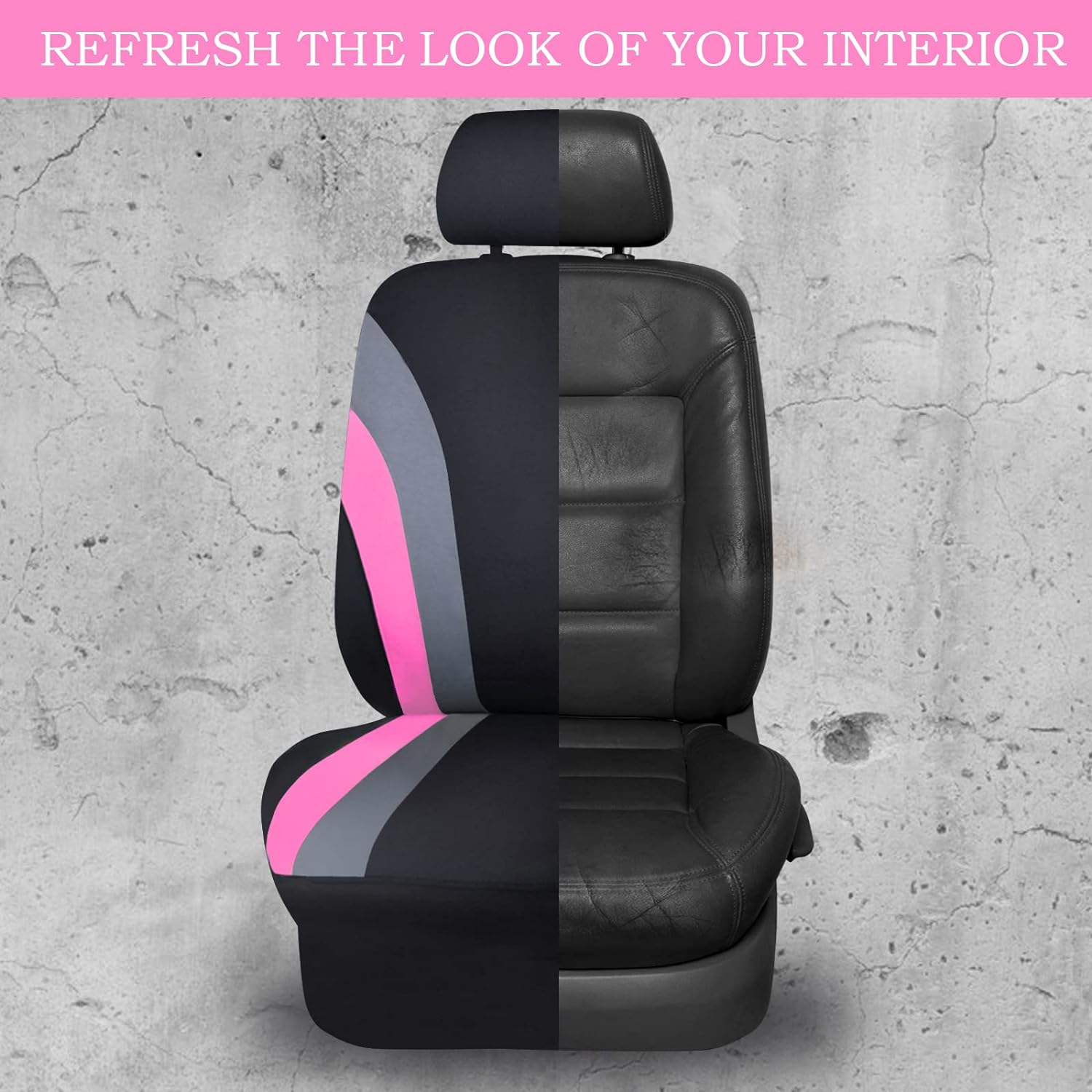 CAR PASS Line Rider Sporty Steering Wheel Cover and Car Seat Cover Sets. 11PCS Universal Fit Car Seat Cover with 14.5-15 Inch Steering Wheel Cover.(Black and Pink)