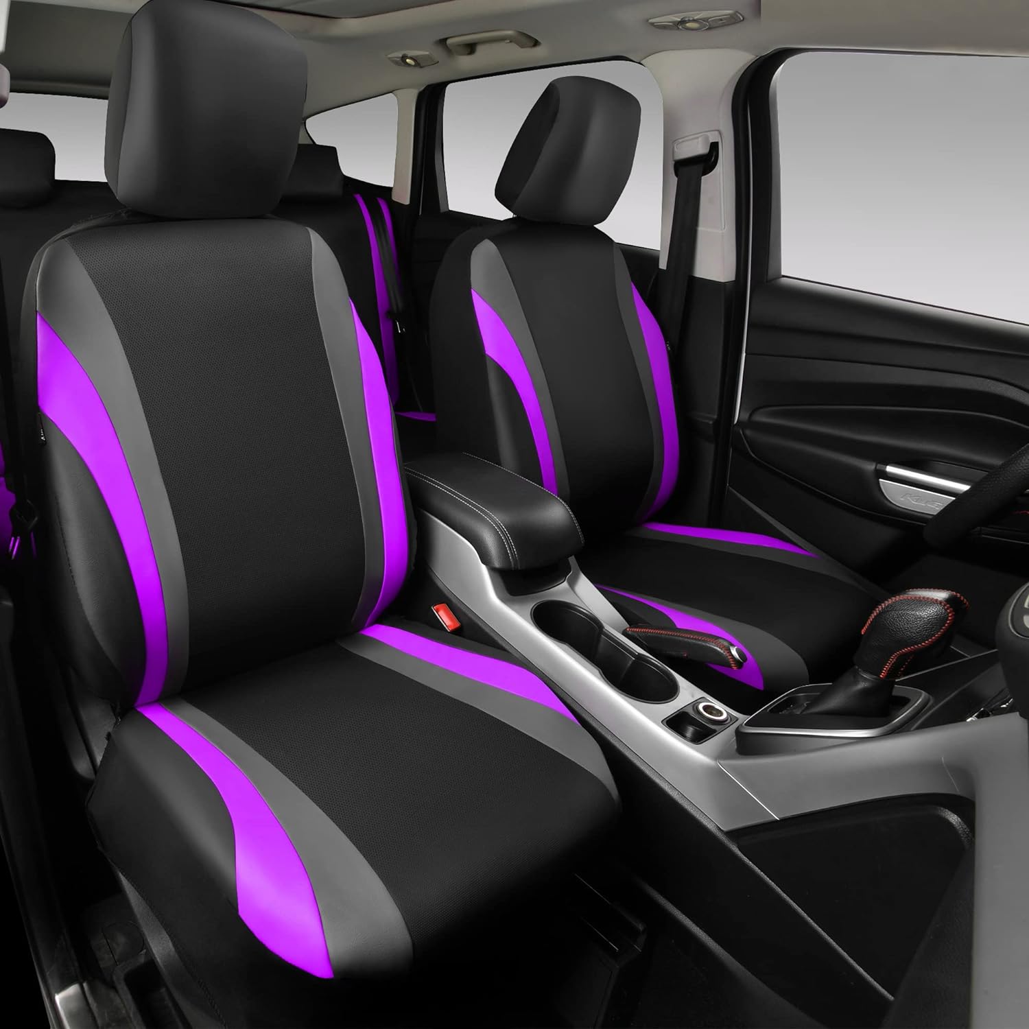 CAR PASS Line Rider Leather Car Seat Cover and Steering Wheel Cover Combo Fits for 95% Truck, SUV, Sedan. 14.5-15 Inch Anti-Slip Desgin. 3 Zipper Bench. (Black and Purple)