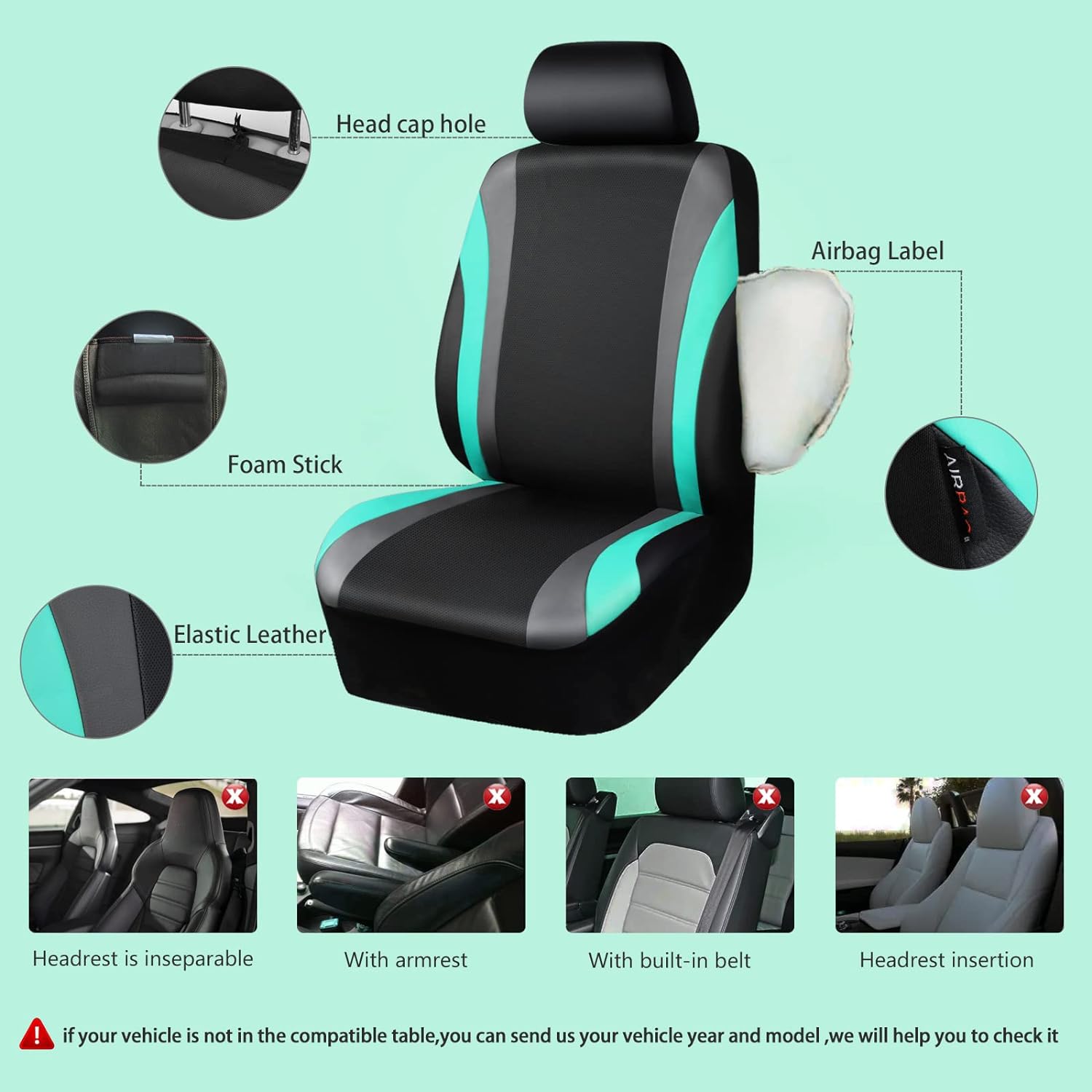CAR PASS Line Rider Leather Car Seat Cover and Steering Wheel Cover Combo Fits for 95% Truck, SUV, Sedan. 14.5-15 Inch Anti-Slip Desgin. 3 Zipper Bench. (Black and Mint)