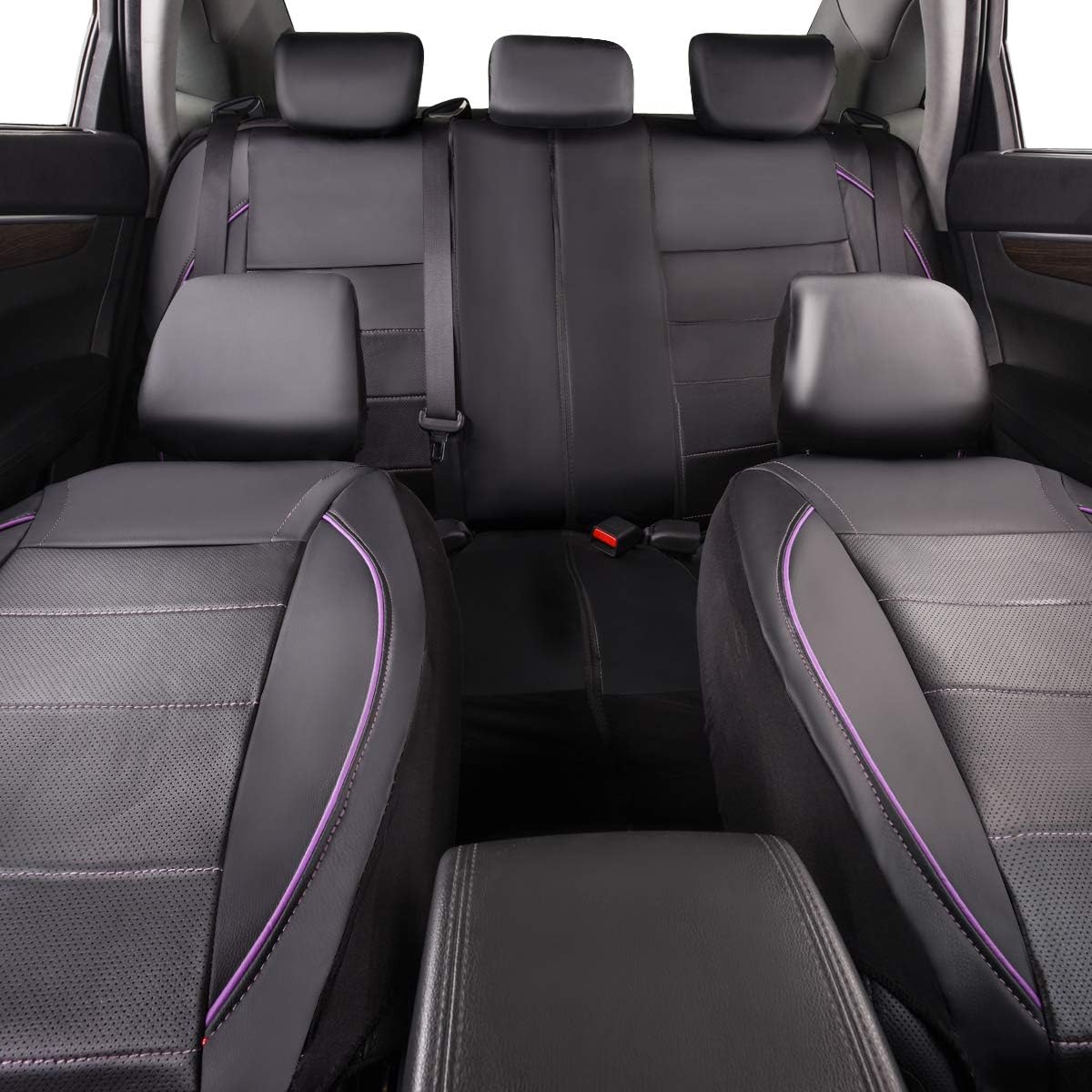 CAR PASS Universal FIT Piping Leather Car Seat Cover, for suvs,Van,Trucks,Airbag Compatible,Inside Zipper Design and Reserved Opening Holes (Full Set, Black and Purple)