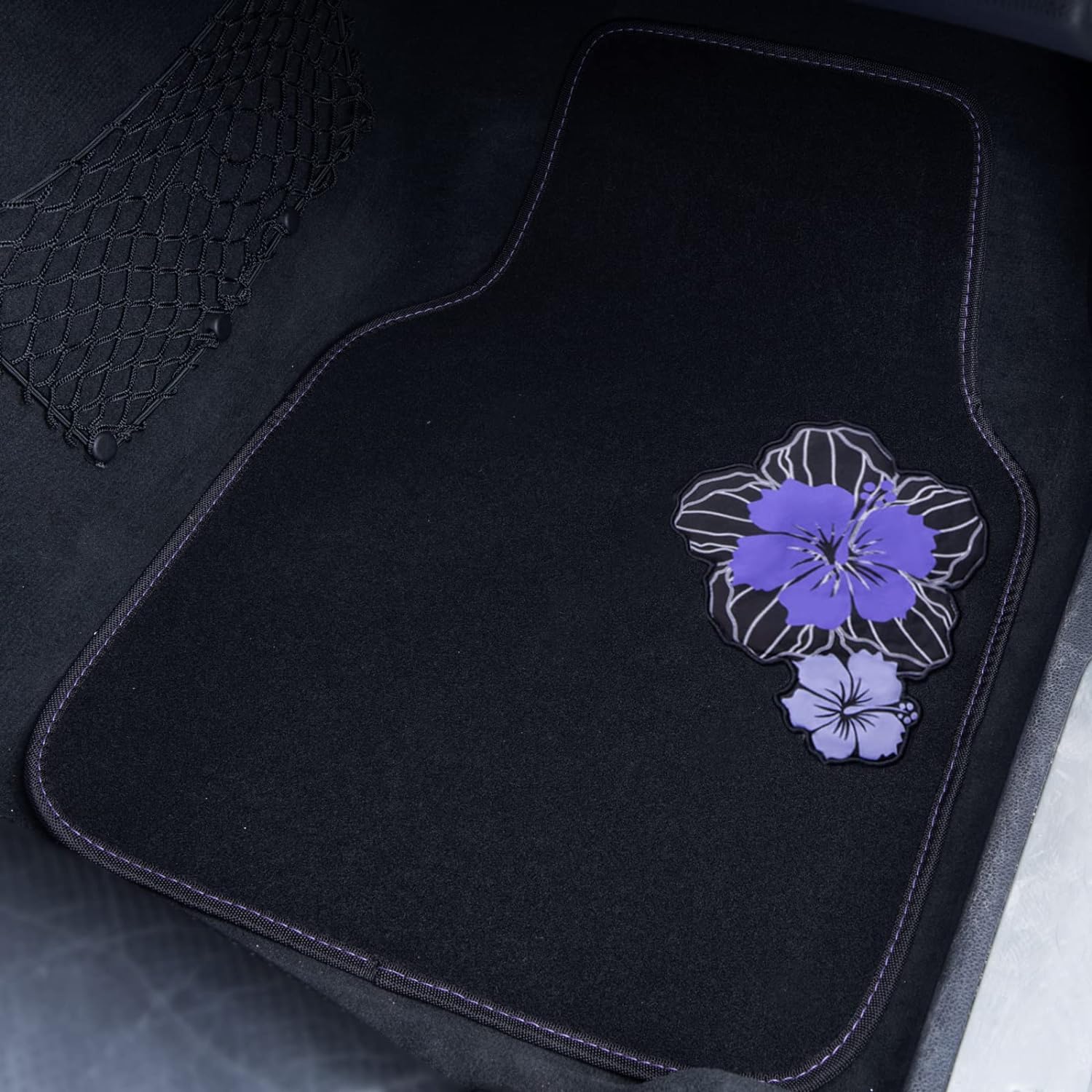 CAR PASS Cute Car Floor Mats with Hibiscus Flowers, 4 Pieces Waterproof, Anti-Slip Nibs Car Floor Mats for Women Girly, Fit Automotive,SUVS,Sedan,Vans (Black and Purple)