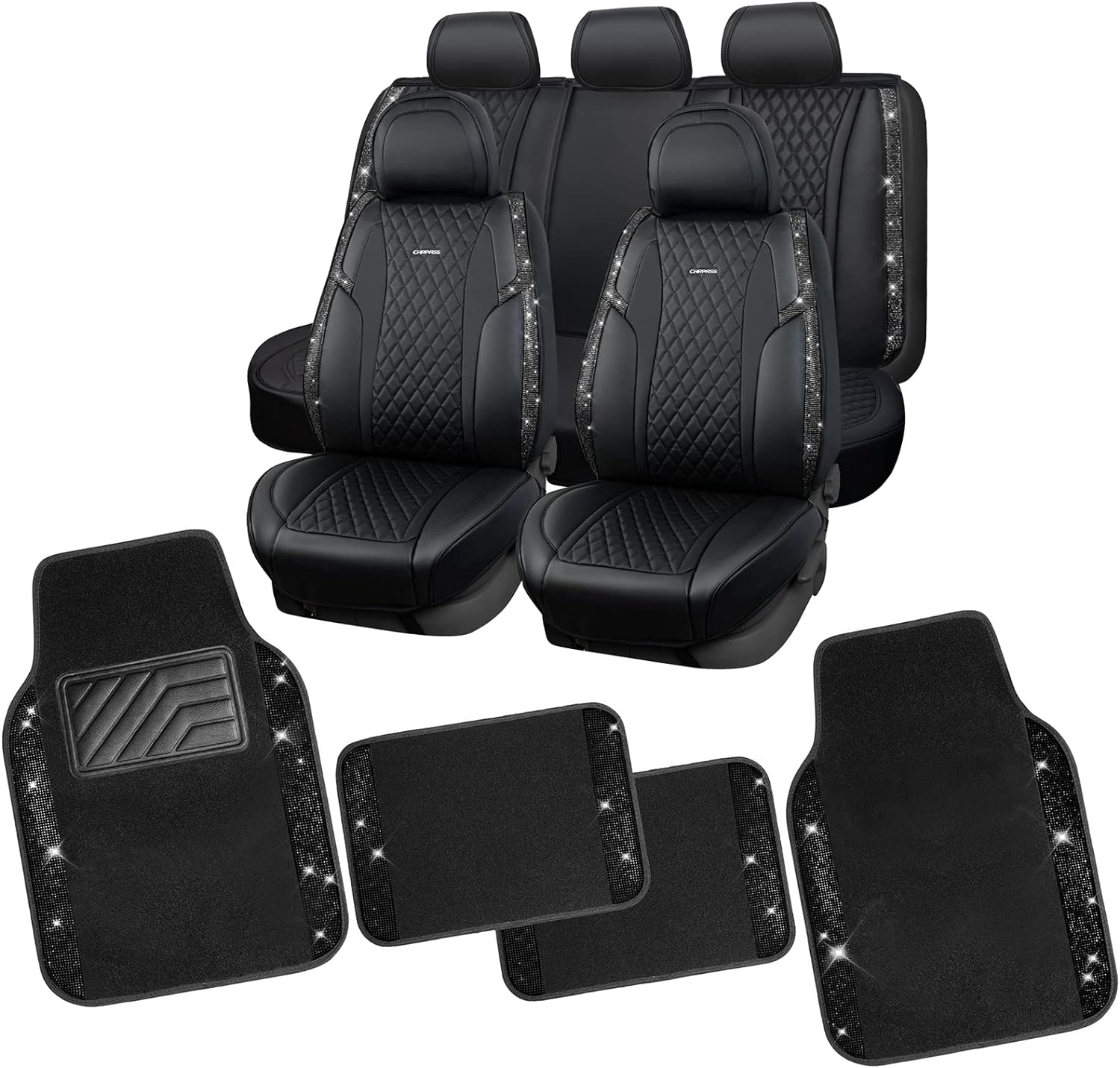 CAR PASS Bling Rhinestones Diamond Car Floor Mats & Nappa Leather Seat Covers Universal for Automotive SUV,Sedan Waterproof Heavy-Duty Anti-Slip