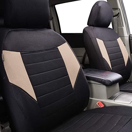 6PCS Super Universal Fit Air Mesh Two Front Car Seat Covers Set Package-BLACK AND BEIGE