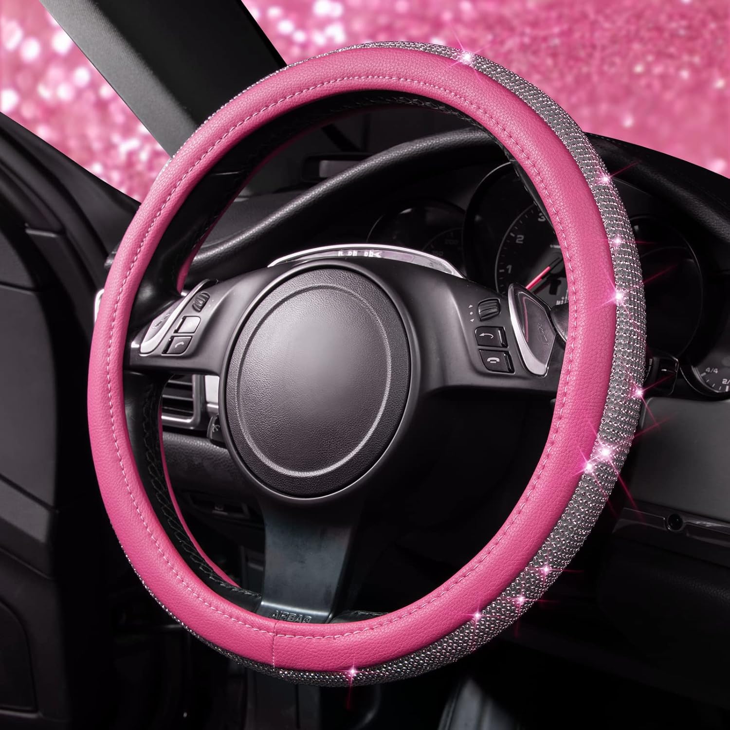 CAR PASS Diamond Car Floor Mats & Pink Leather Steering Wheel Cover, with Bling Crystal Rhinestones Universal Fit 14" 1/2-15" Crystal Glitter, Anti-Slip PVC Heel Pad for Women Sparkle Girl, Pink Diam