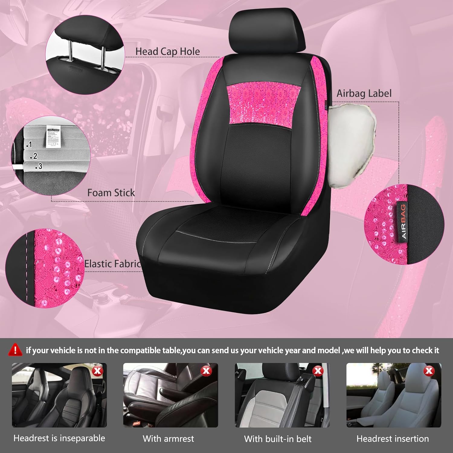 CAR PASS® Universal Leather Pink Lace Car Seat Covers Full Set for Women Girls, Bling Waterproof Car Floor Mats Carpet, Steering Wheel Cover for Car Accessories Interior Sets 10PCS Included