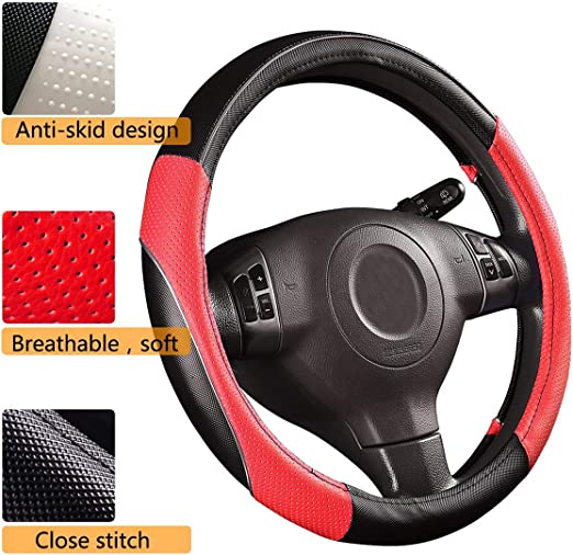 Rainbow Steering Wheel Cover with PVC Leather Universal Fits for Truck,SUV,Cars-Sporty-Red