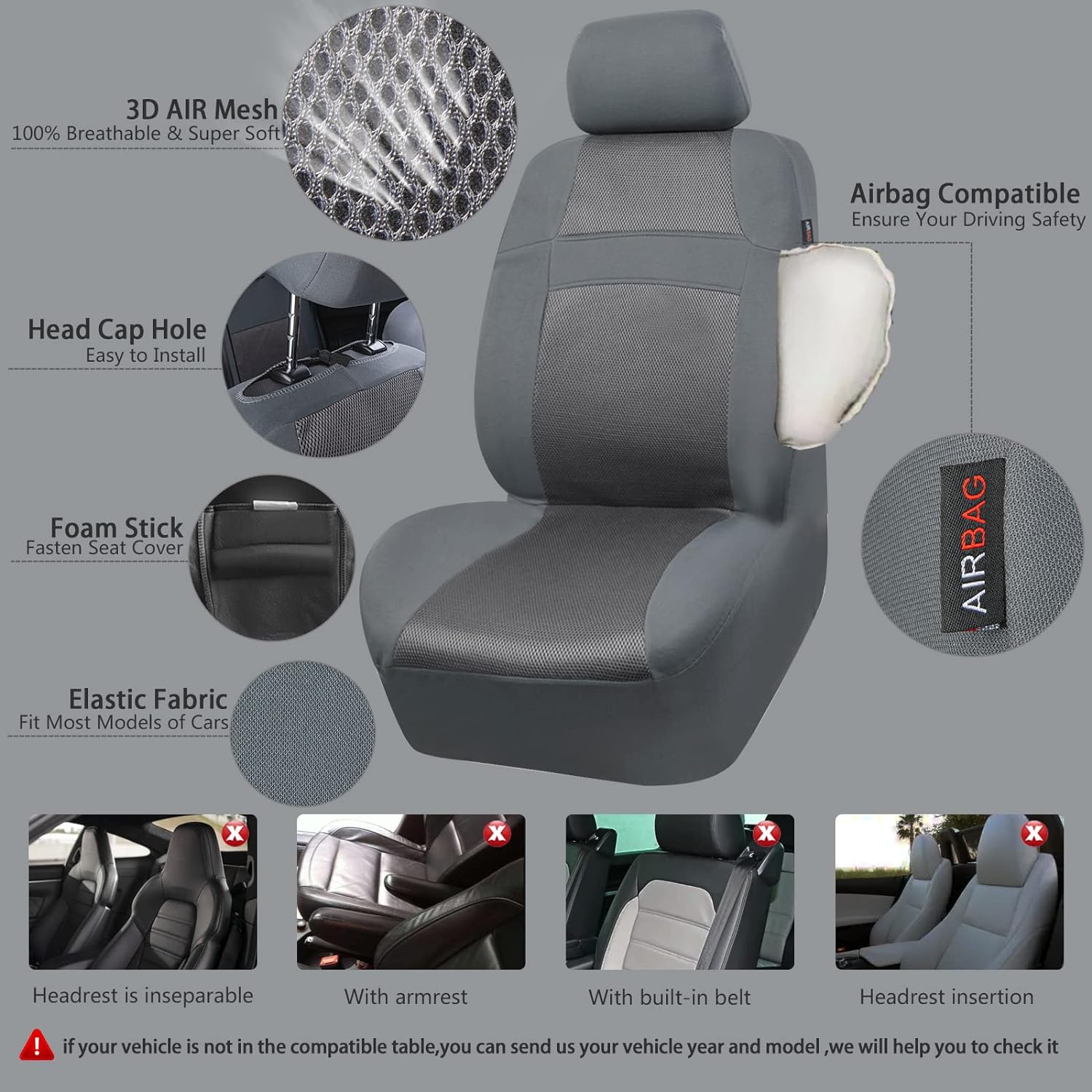 CAR PASS Seat Cover Full Sets and car mats & Steering Wheel Covers, 3D Air Mesh Car Seat Cover with 5mm Composite Sponge Inside,Airbag Compatible Universal Fit for SUV,Vans,sedans, Trucks, (Gray)