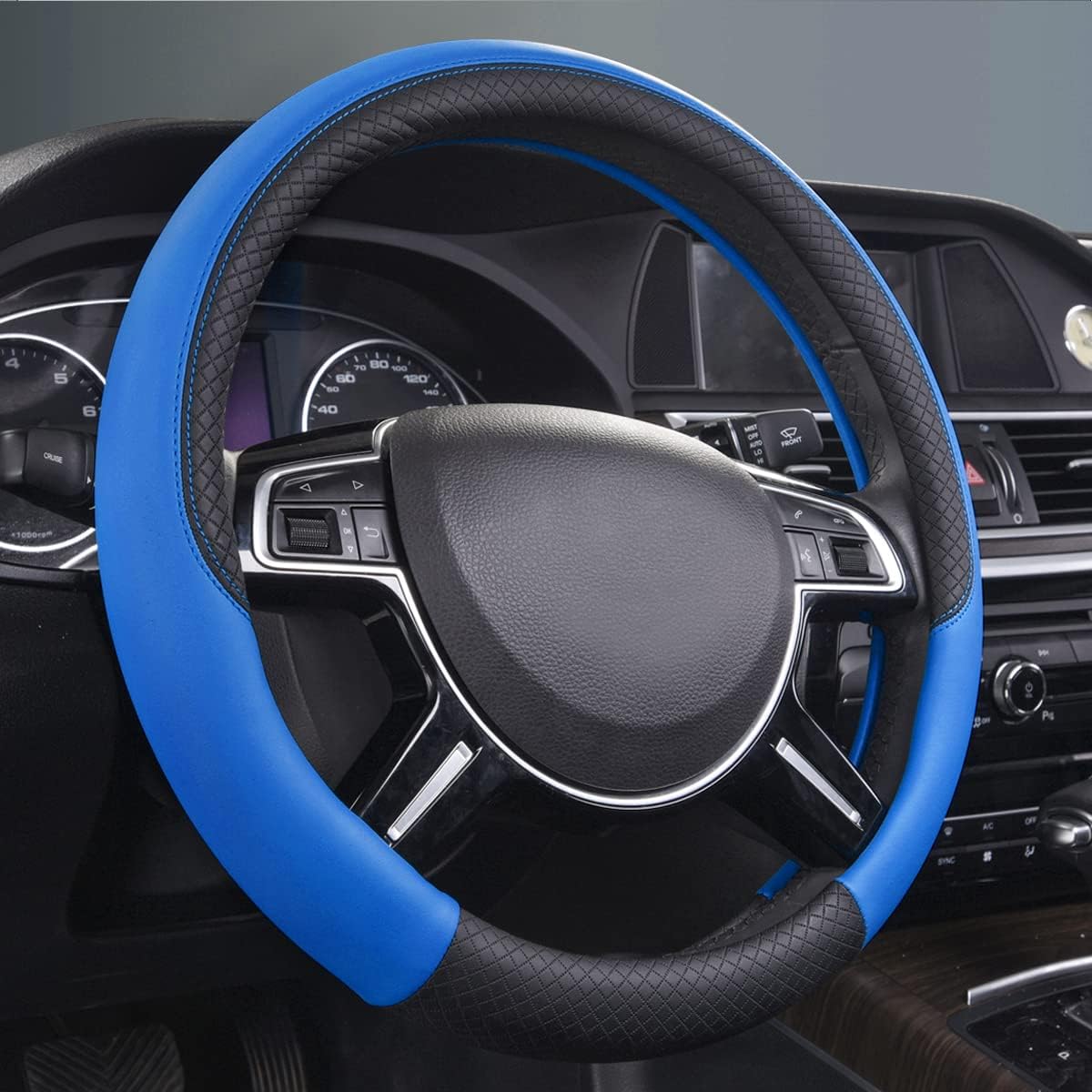 CAR PASS Line Rider Microfiber Leather Sporty Steering Wheel Cover Universal Fits for 95% Truck,SUV,Cars,14.5-15inch Anti-Slip Safety Comfortable Desgin (Black-Blue)