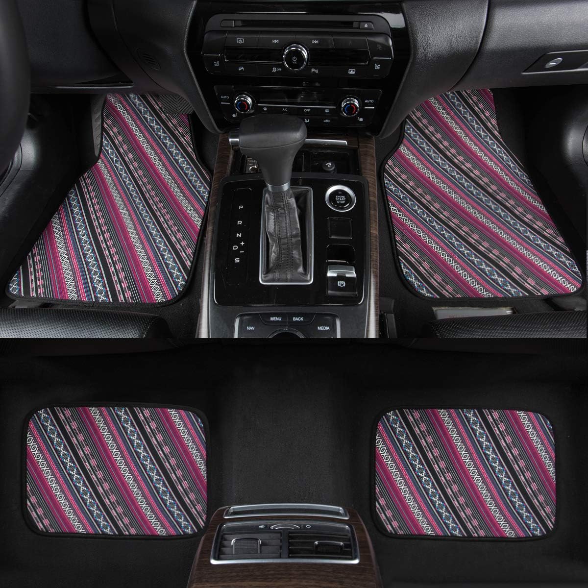 CAR PASS Rainbow Ethnic Car Floor Mats Bundle with Boho Steering Wheel Cover (Purple)