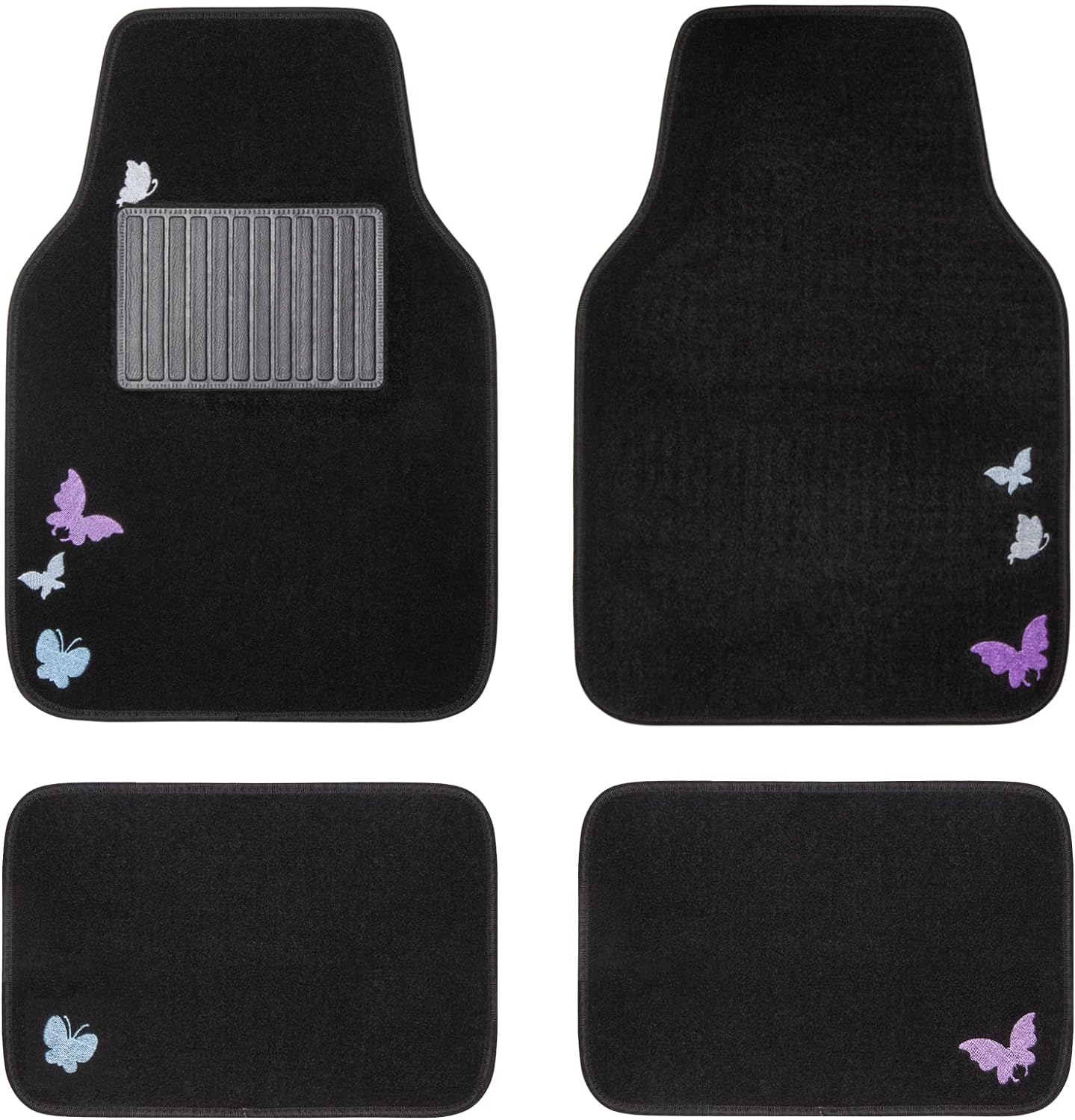 CAR PASS Universal Flying Butterflies Colorful Embroidery with Heel Pad-Waterproof-Anti Slip Nibs,Car Floor Mats for Women Cute Girly,Fit Automotive,SUVS,Sedan,Vans(Black Purple Unique Color Change)