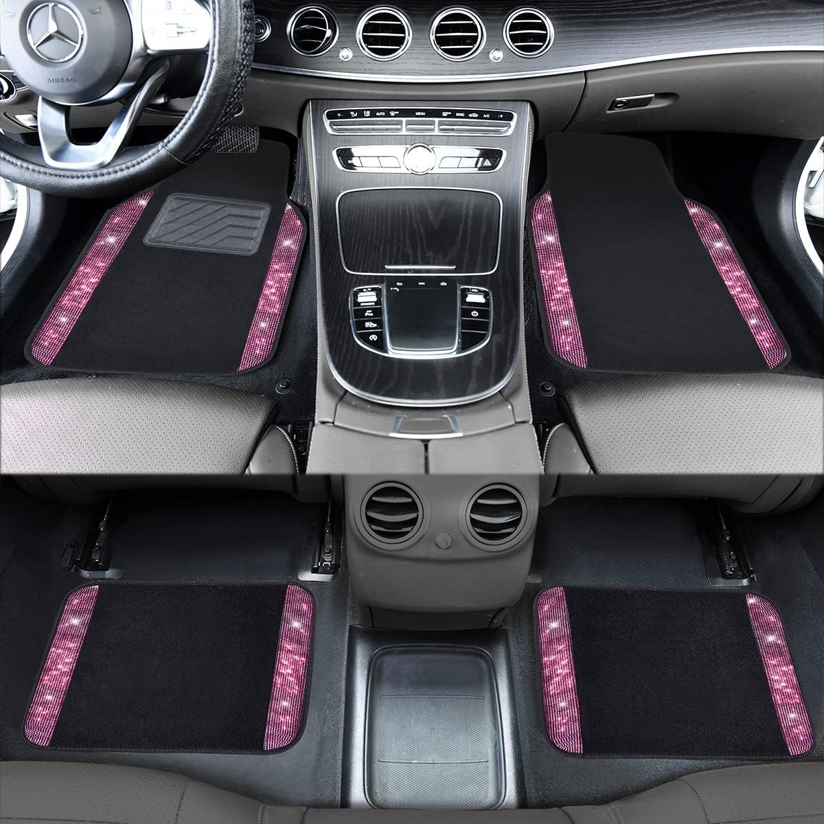 CAR PASS Bling Diamond Car Floor Mats & Car Steering Wheel Cover & Car Seat Cover Two Fromt Seats, Pink Diamond