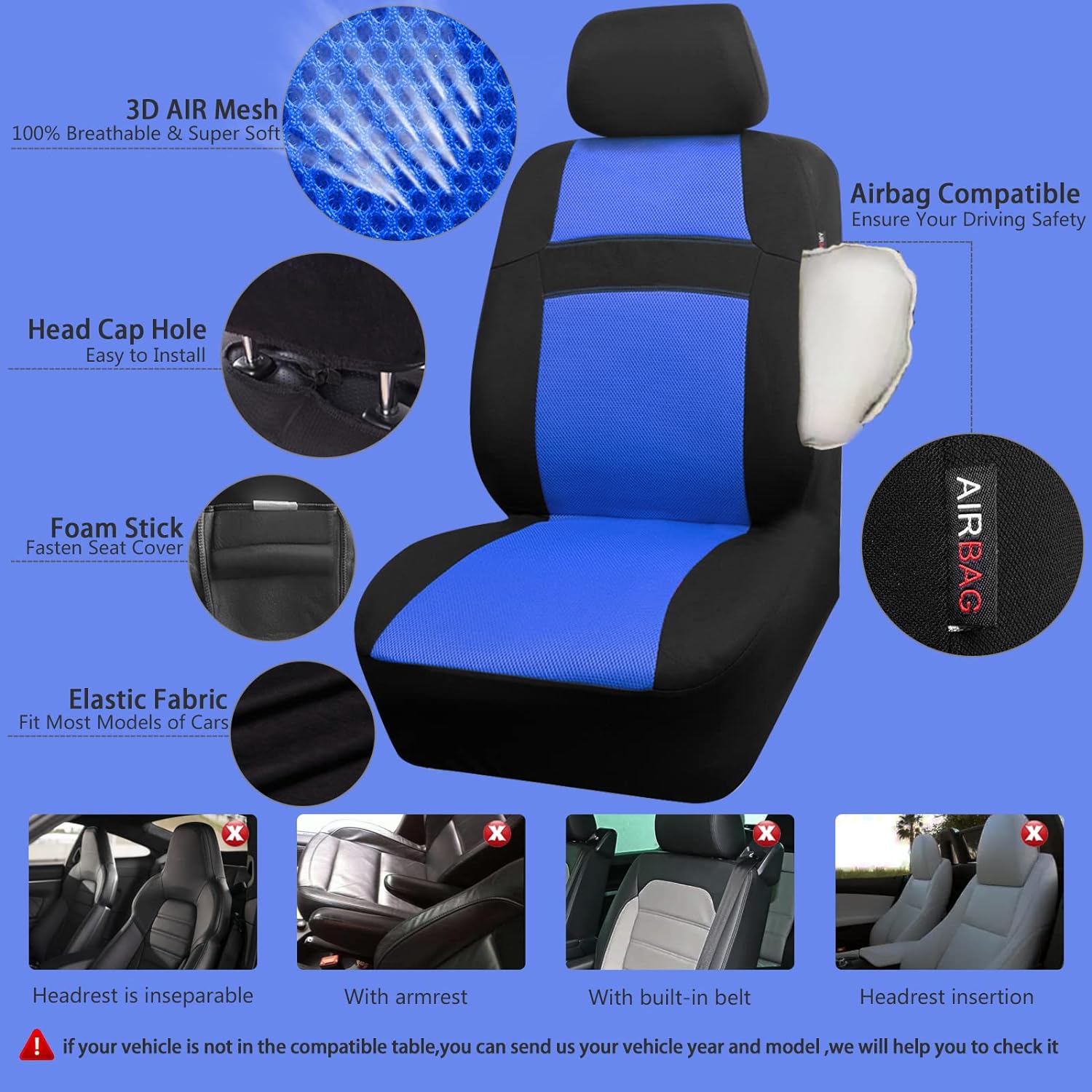 CAR PASS Line Rider Microfiber Leather Sporty 14.5-15inch Steering Wheel Cover and Car Seat Covers Front Seats Only Universal Fit SUV,Vans,sedans, Trucks, Automotive Interior Covers, Black and Blue