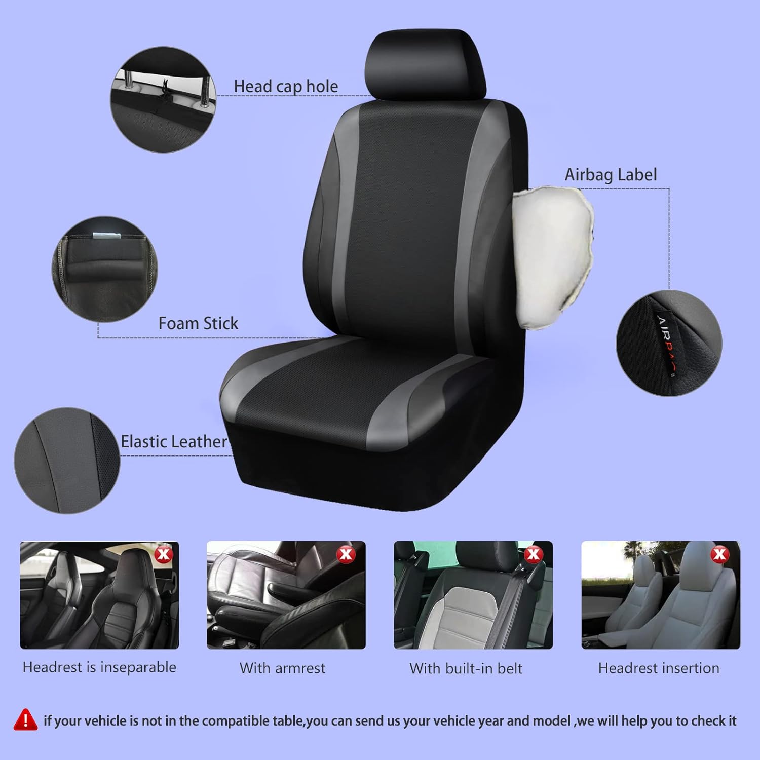 CAR PASS Line Rider Leather Car Seat Cover and Steering Wheel Cover Combo Fits for 95% Truck, SUV, Sedan. 14.5-15 Inch Anti-Slip Desgin. 3 Zipper Bench. (Black and Gray)