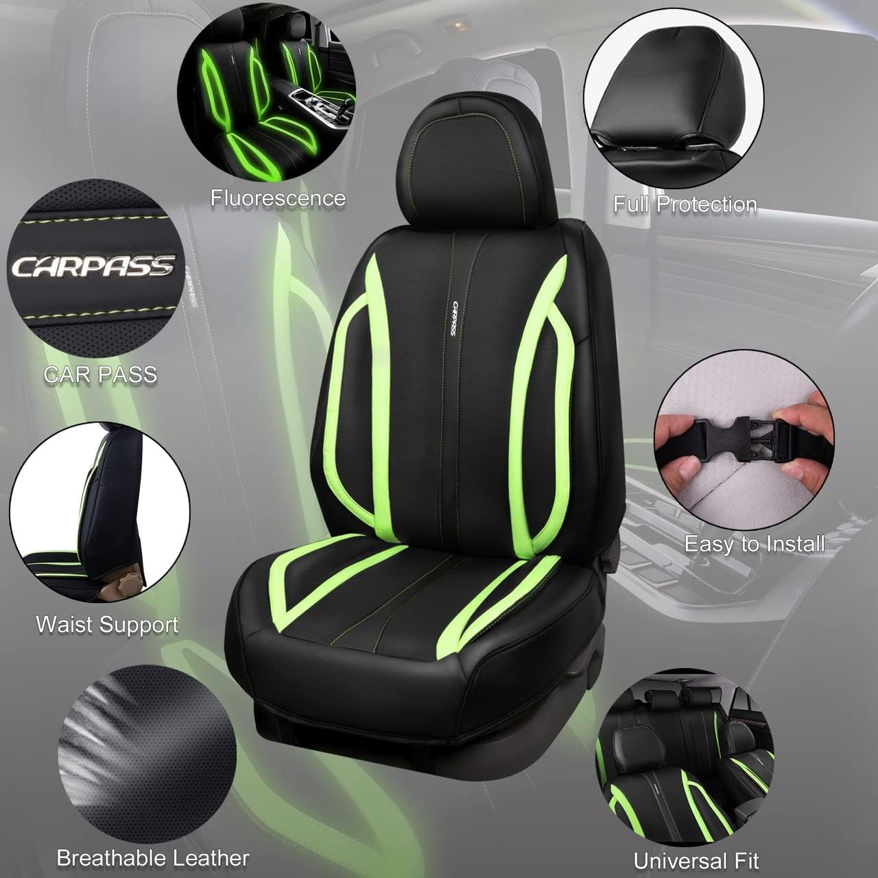 CAR PASS Nappa Leather Car Seat Covers,Breathable and Waterproof for SUV Pick-up Truck Sedan,Universal Anti-Slip Driver Seat Cover with Backrest (Full Seats, Black Chameleon Iridescent Reflective)