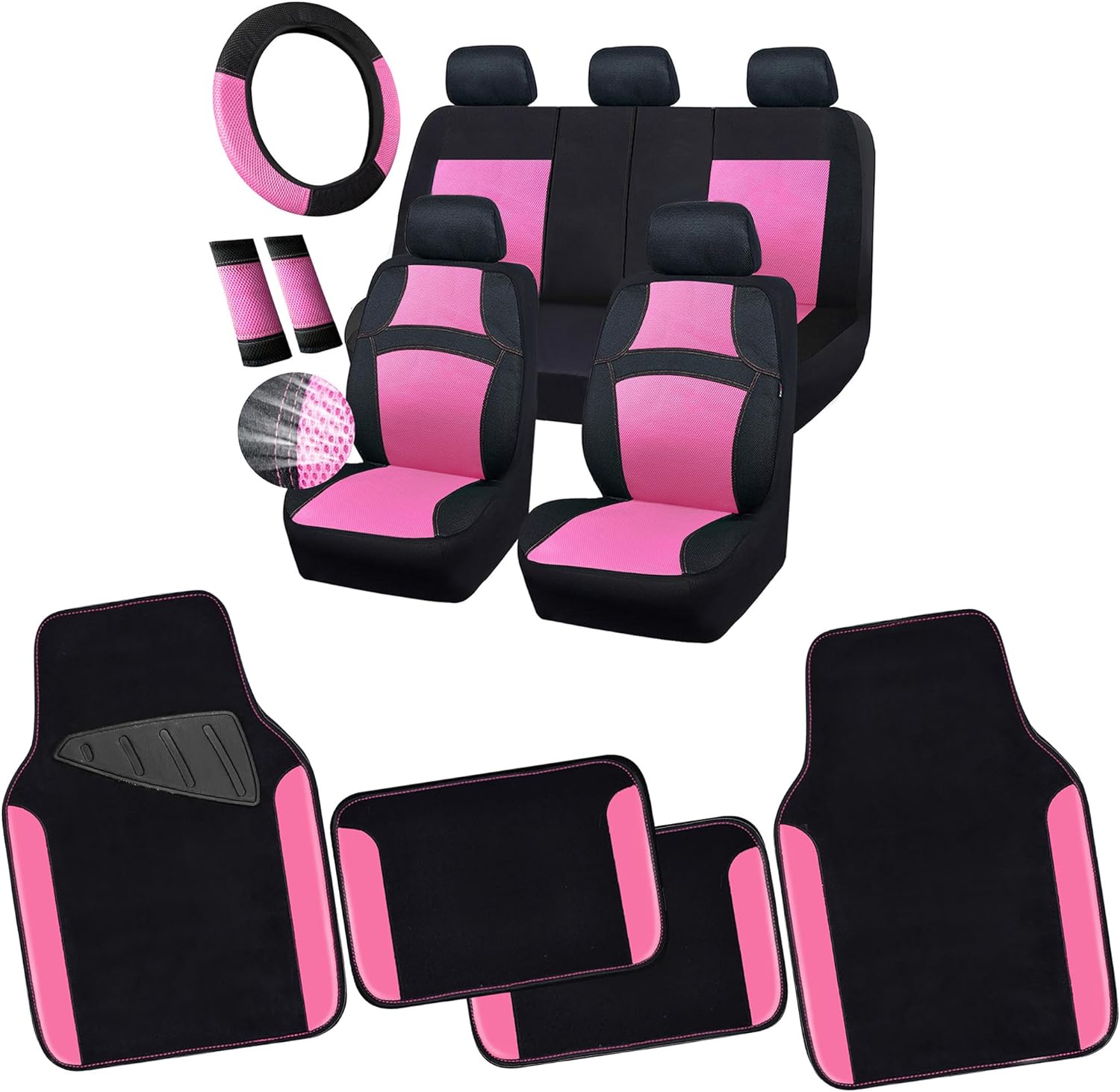 CAR PASS Universal 13PCS 3D Air Mesh-100% Breathable Seat Covers Full Sets&Car Mats#Steering Wheel&Belt Cover #Airbag and Rear Split Bench Compatible#for 90% Automotive SUV Truck Pink