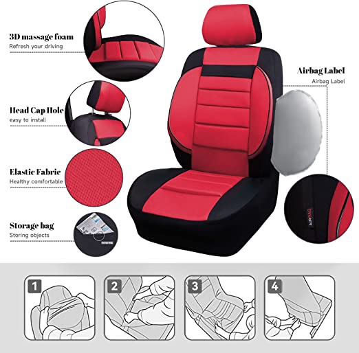 6PCS 3D Foam Cushion Back Support Universal Fit Elegance Two Front Car Seat Cover-Black / Red
