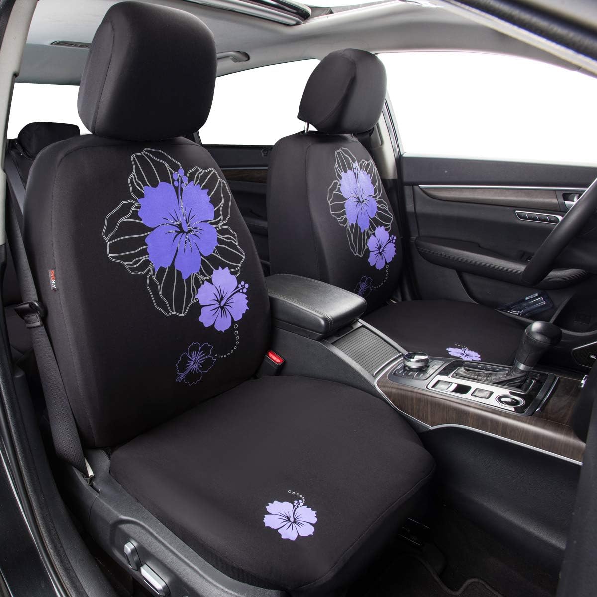 CAR PASS Pretty Flower Universal Seat Covers and 4 Pice Waterproof Anti-Slip Nibs Car Floor Mats for Women Cute Girly Fit 95% Automotive,SUVS,Sedan,Vans (Black with Purple)