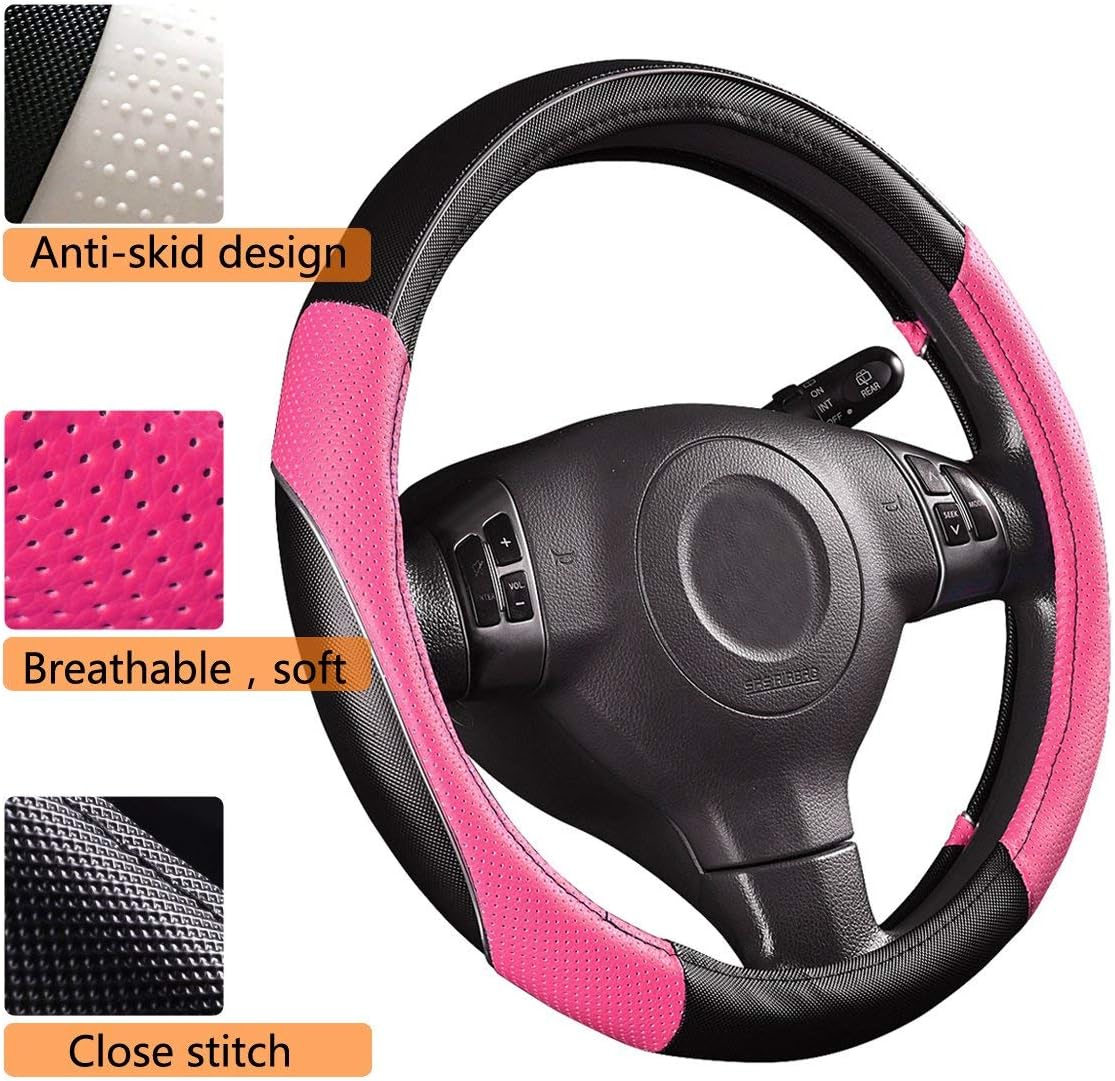 CAR PASS Rainbow Waterproof Universal Fit Faux Leather Car Carpet & Steering Wheel Cover- Anti-Slip Nibbed Backing Floor Mats for SUV, Vans,Sedans,Trucks, Automotive Set for Women&Cute Girly (Pink)