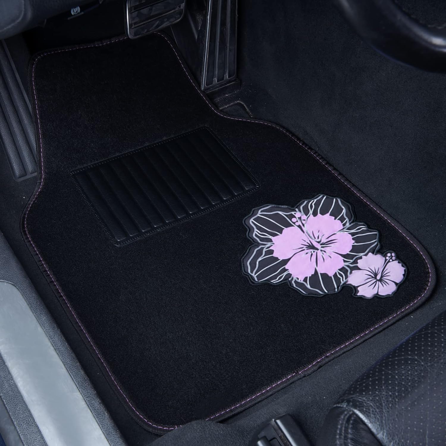 CAR PASS Cute Car Floor Mats with Hibiscus Flowers, 4 Pieces Waterproof, Anti-Slip Nibs Car Floor Mats for Women Girly, Fit Automotive,SUVS,Sedan,Vans (Black and Purple)