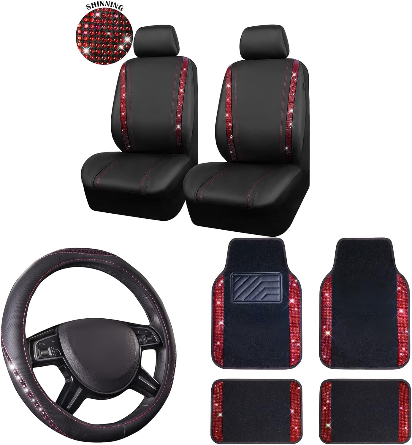 CAR PASS Bling Diamond Car Floor Mats & Car Steering Wheel Cover & Car Seat Cover Two Front Seats