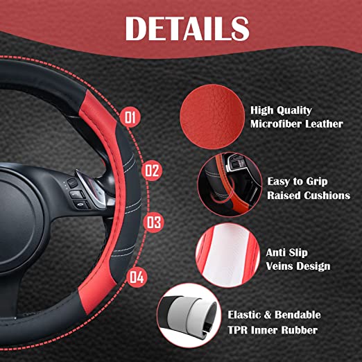 Rainbow Steering Wheel Cover with PVC Leather Universal Fits for Truck,SUV,Cars-Sporty-Black Red