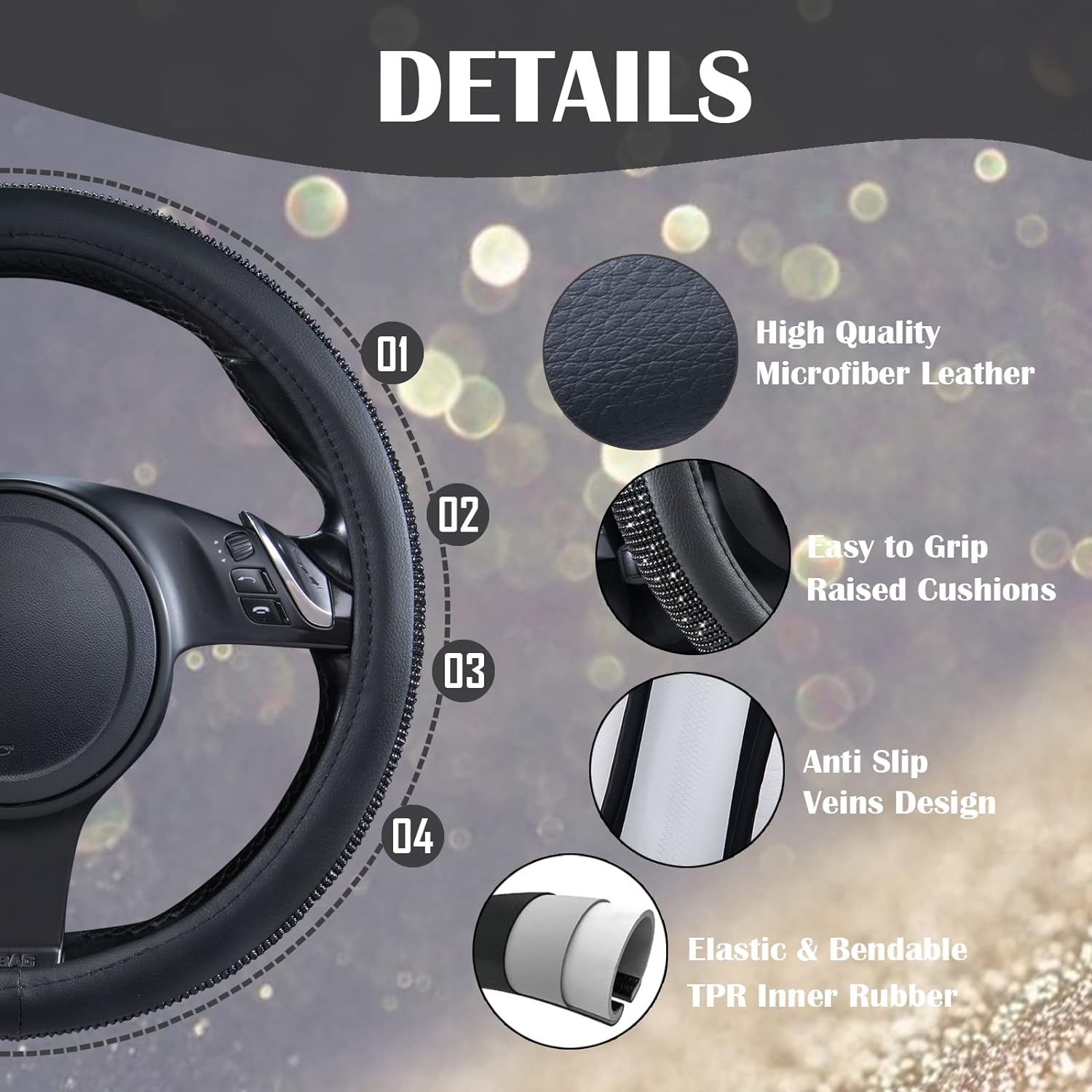 CAR PASS Diamond Leather Steering Wheel Cover & Iridescent Diamond &Nappa Calfskin Leather Cushioned,Bling seat Covers Fit for Auto SUV Sedan,Sparkly Glitter Shining Rhinestone