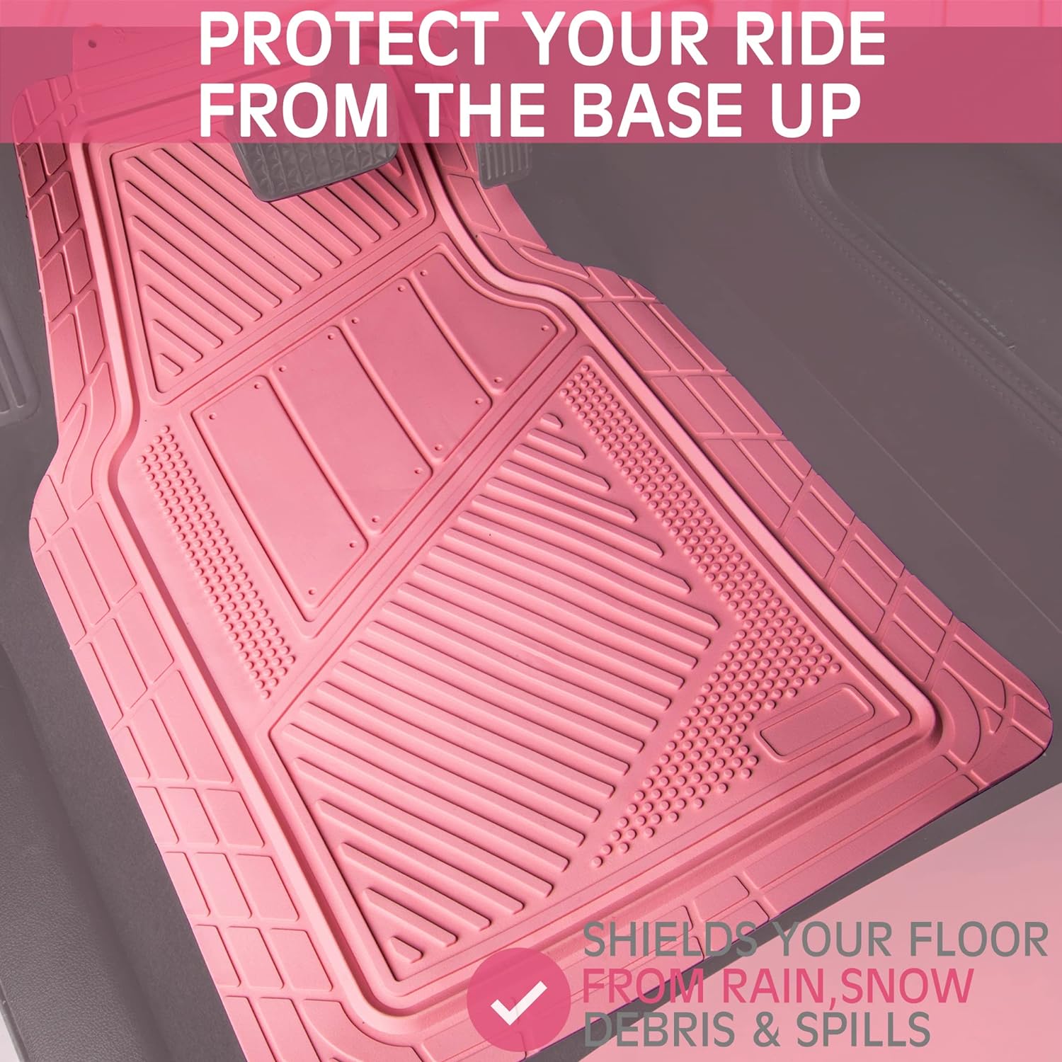 CAR PASS Heavy Duty Rubber Floor Mats Pink 4-Piece Car Mat Set - Universal Waterproof for SUV Truck, Durable All-Weather Mats，Car Women,Girly(All Pink)