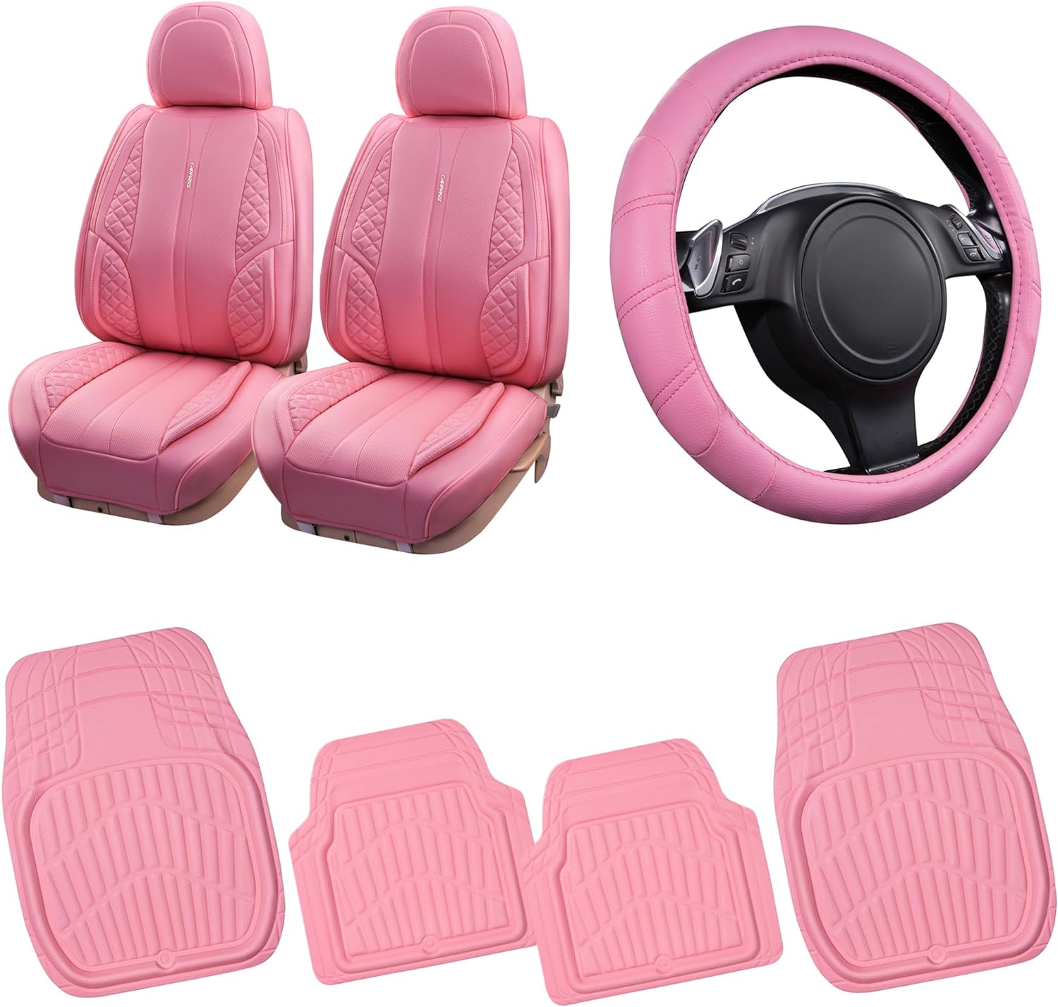 CAR PASS Barbie Pink Nappa Waterproof Leather Car Seat Covers Two Front Seat Bundle with Floor mats and Steering Wheel Cover