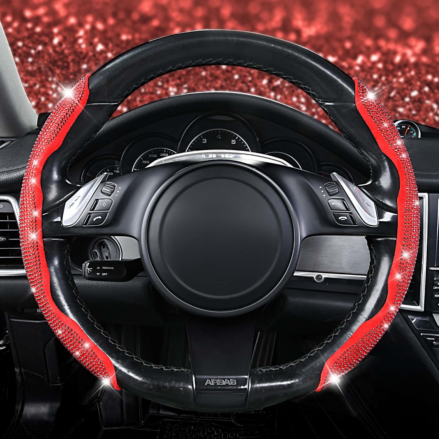 CAR PASS Bling Diamond Steering Wheel Cover with Crystal Rhinestones, Segmented Wheel Protector Non-Slip Cute Car Accessories Universal Fit D-Shape O-Shape 14.5