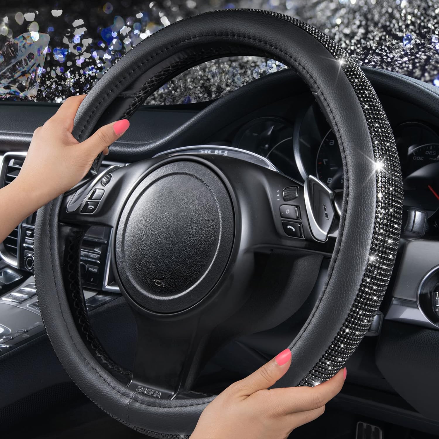 CAR PASS Bling Diamond Leather Steering Wheel Cover&Bling Car Seat Covers, Shining Rhinestone Diamond Waterproof Faux Leather Two Front Only Universal Fit 95% Automotive Glitter Crystal Sparkle Strips