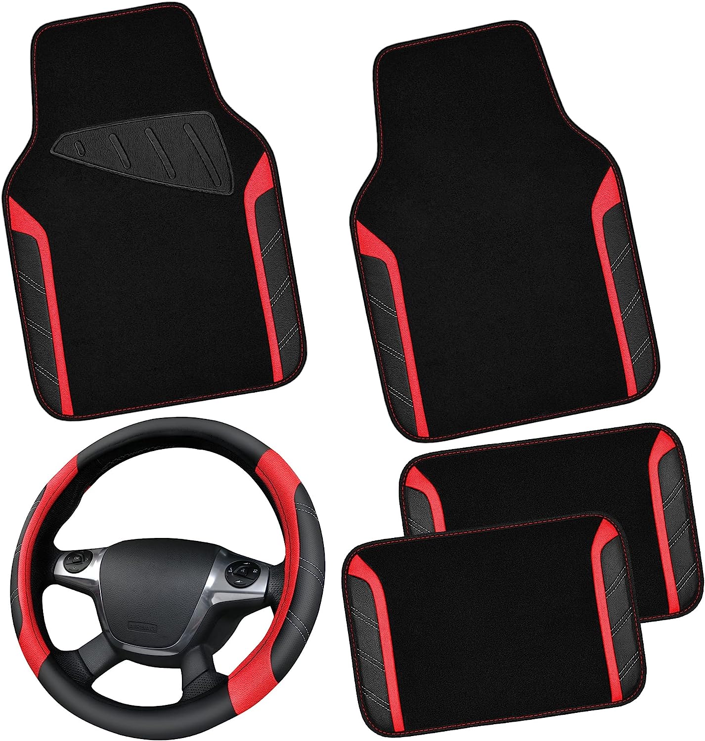 CAR PASS Leather Steering Wheel Cover, Car Floor Mats and Leather Seat Covers Full Set All Coverage Cushioned Universal Fit for SUV, Cars, Van, Sporty (Black and Red)