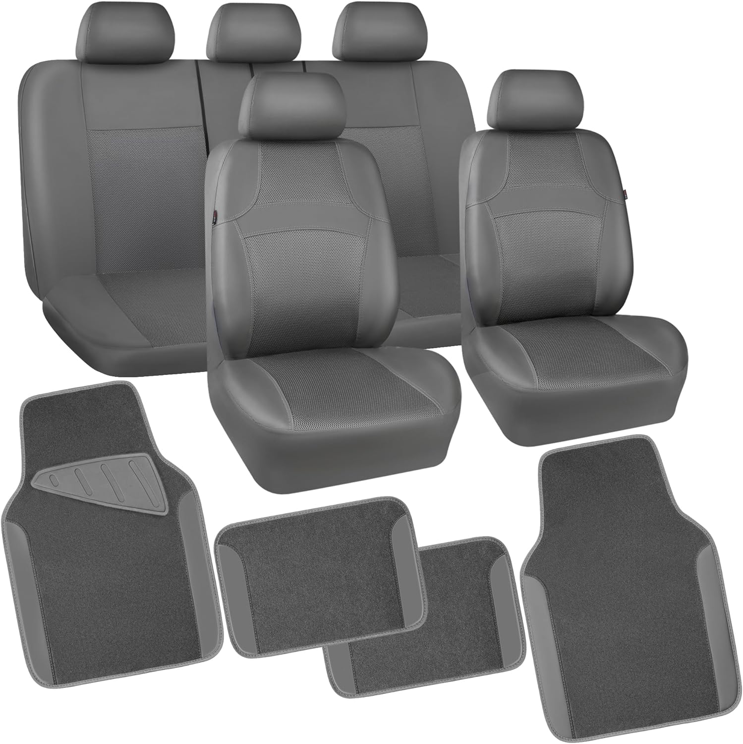 CAR PASS Leather Car Seat Covers & Car Floor Mats,Universal Fit for SUV Sedan Truck,Mesh w/ 5m Sponge,Airbag Compatible Automotive Interior Covers (Full Sets Combo Set, Black Charcoal Gray)