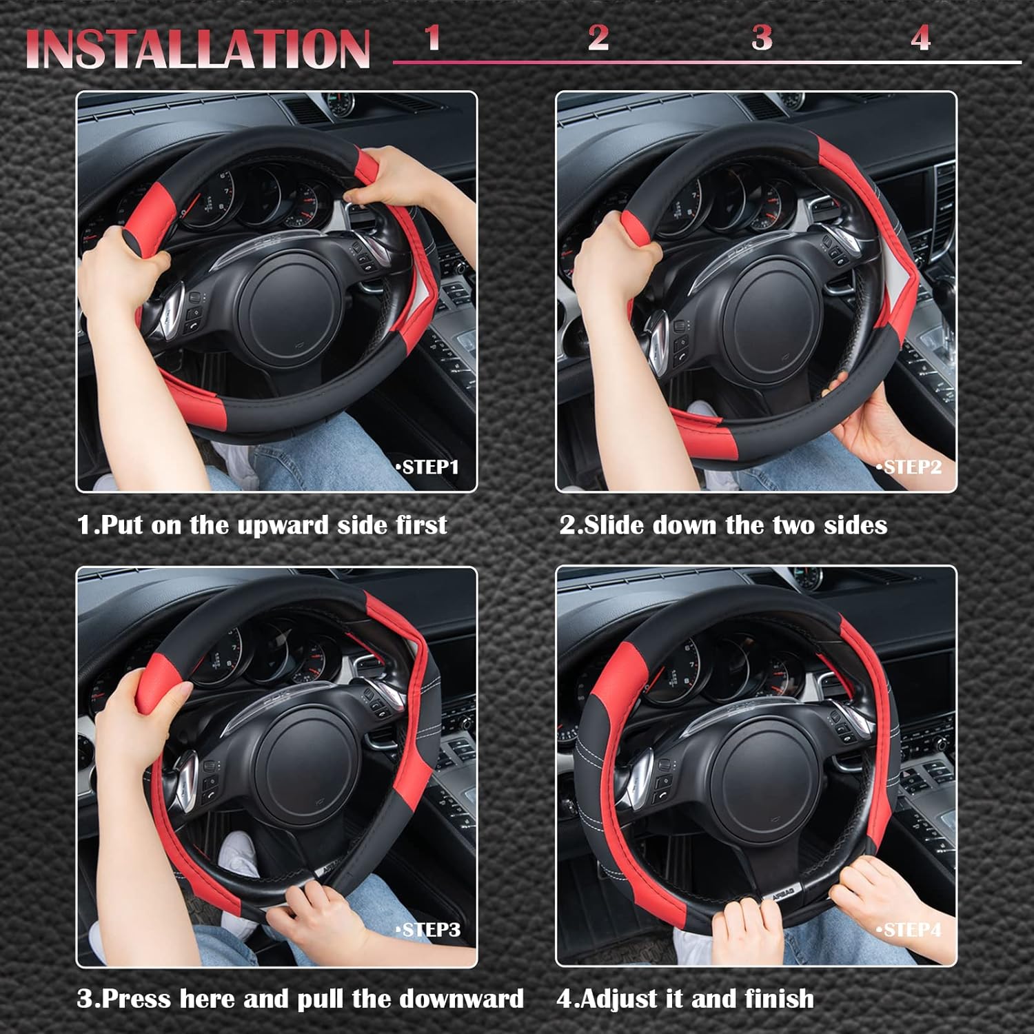 CAR PASS Steering Wheel Cover and Heavy Duty Leather Seat Cover Combo, Waterproof Automotive Seat Cover Fit for Most Sedans, SUV, Pick-Up, Truck.Black and Red