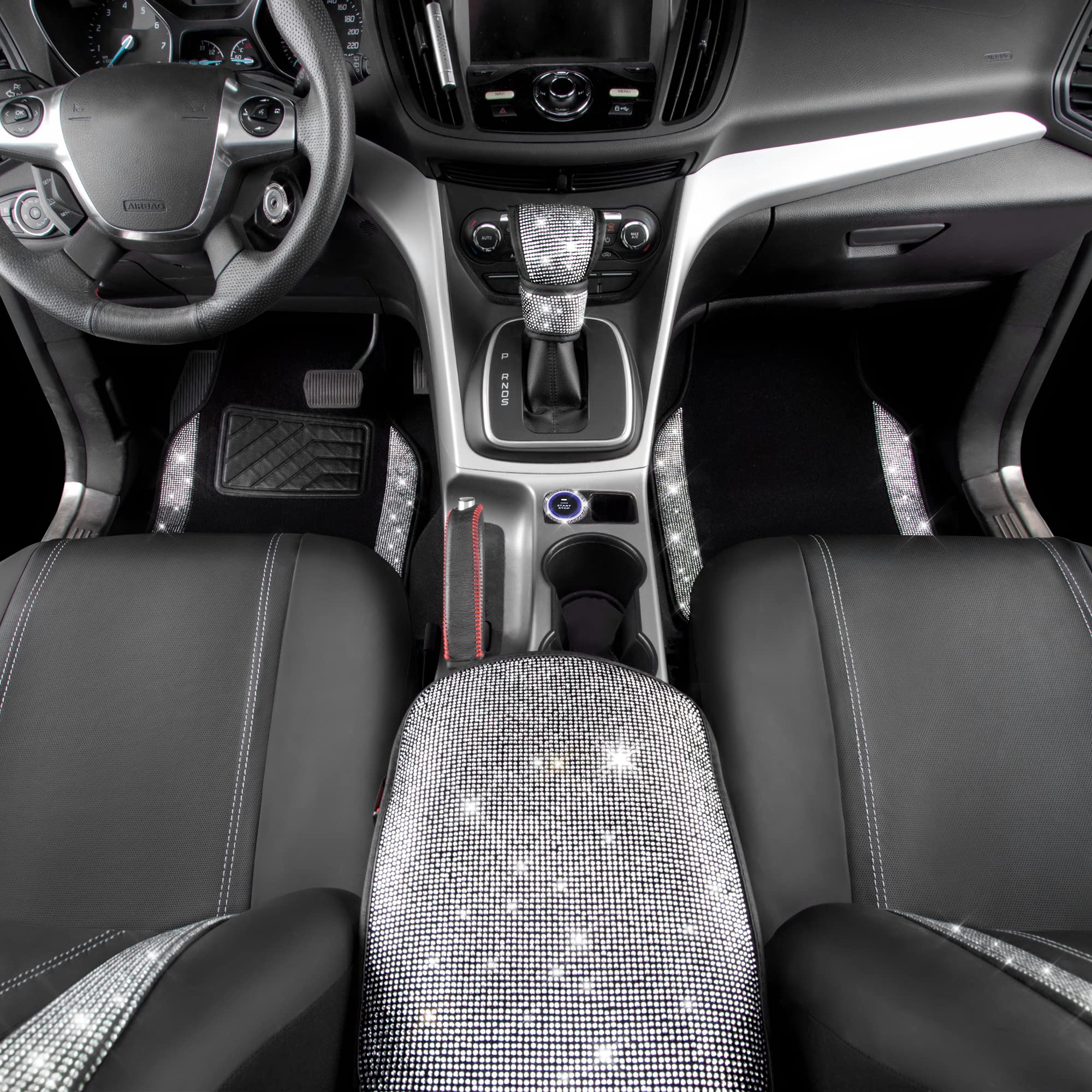 Bling Rhinestone Diamonds Car Seat Covers Leather&Shining Diamond Car Floor mats Carpet with Anti-Slip Nibs&Bling Car Accessories Sets