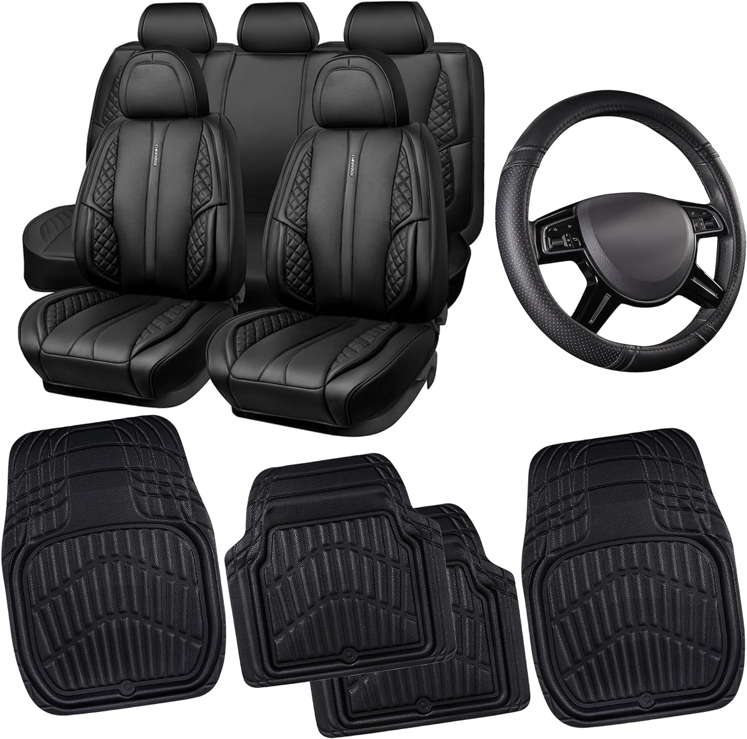 CAR PASS Nappa Leather Car Seat Covers Full Set Bundle with Black Floor mats and Steering Wheel Cover