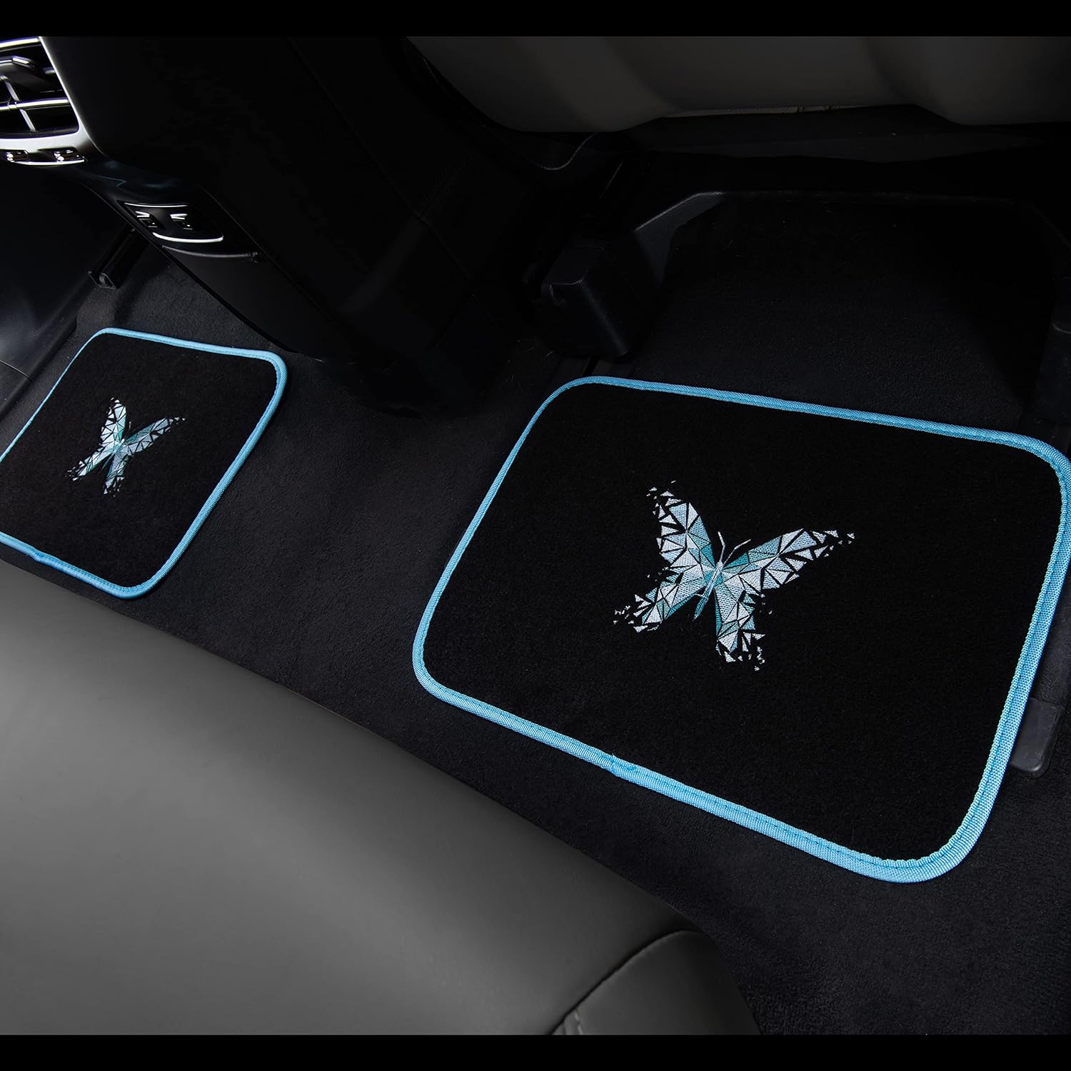 CAR PASS Universal Embroidery Geometric Butterfly Car Floor Mats with Heel Pad -Waterproof -Anti Slip Nibs, Blue Car Floor Mats Fit 95% Automotive,SUVS,Sedan,Vans,for Women,Girly (Blue Butterflies)