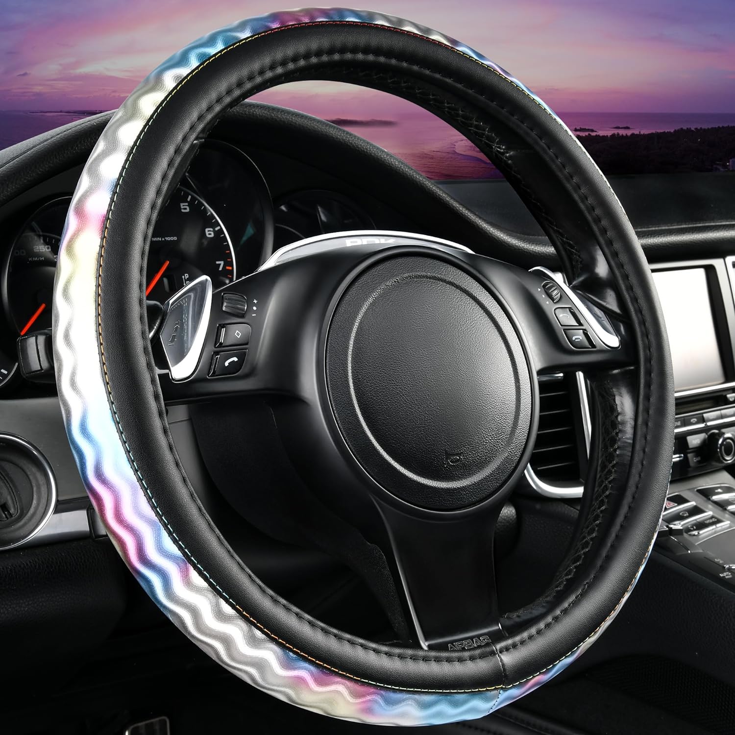 CAR PASS Steering Wheel Cover,Sporty Glossy Iridescent Reflective Leather Universal Fit Steering Wheel Covers,Fit for 14.5-15 inchs Car,Truck,SUV,sedans (Black)